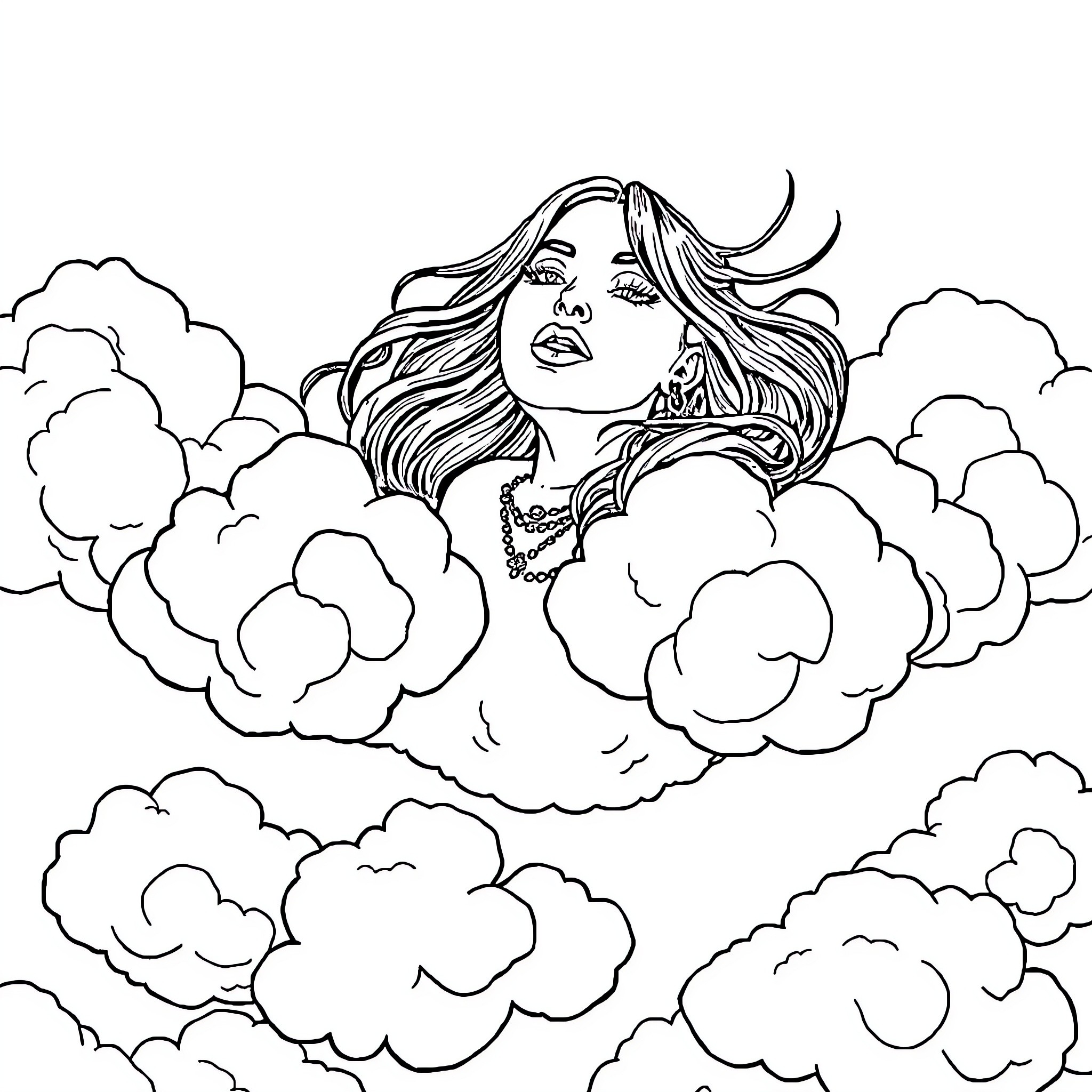 Billie Eilish floating amidst dreamlike clouds Coloring Page (free black-and-white line drawing printable PDF for all, from beginners to advanced learners, including children, teens, adults, and seniors)