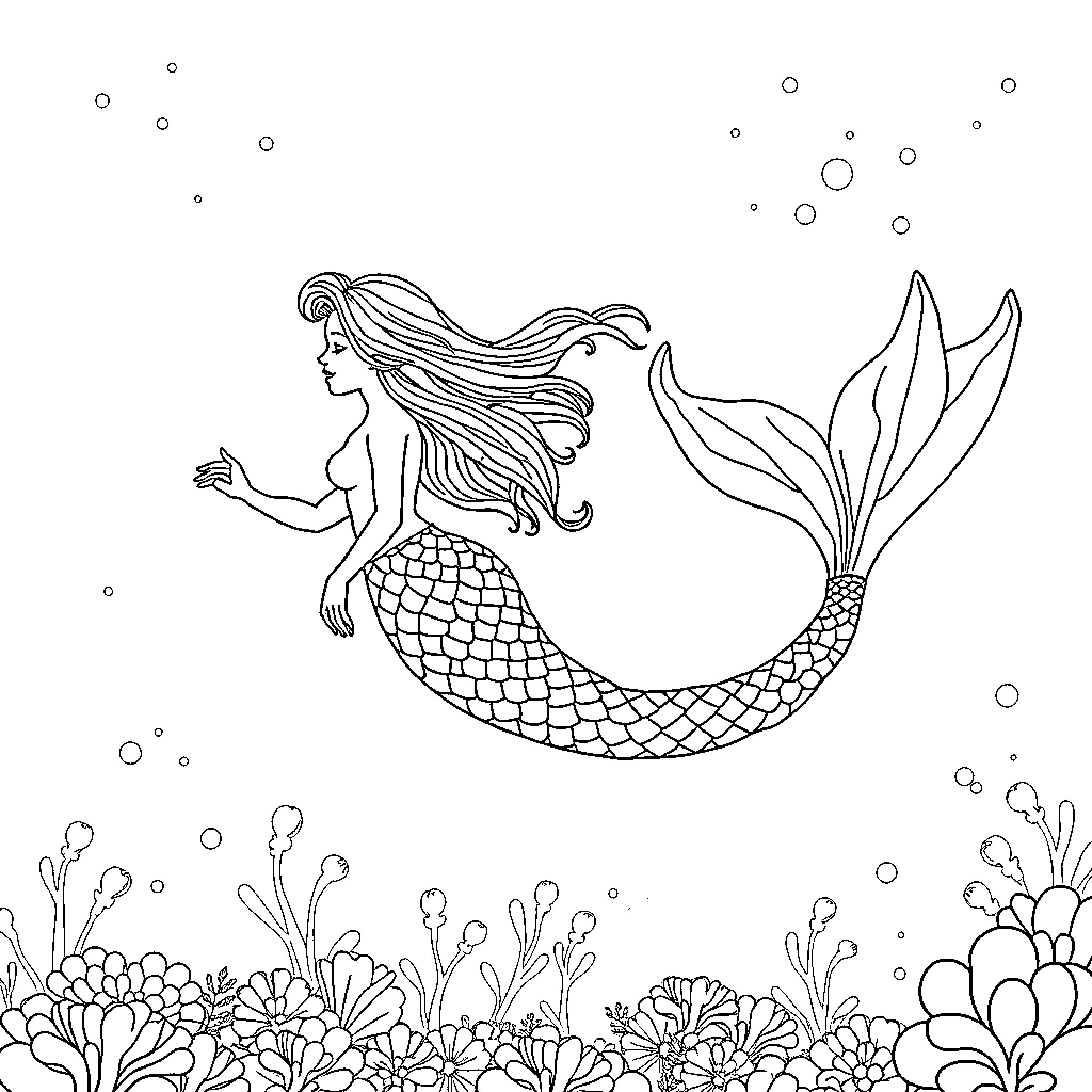 Mermaid swimming among underwater flora Coloring Page (free black-and-white line drawing printable PDF for all, from beginners to advanced learners, including children, teens, adults, and seniors)