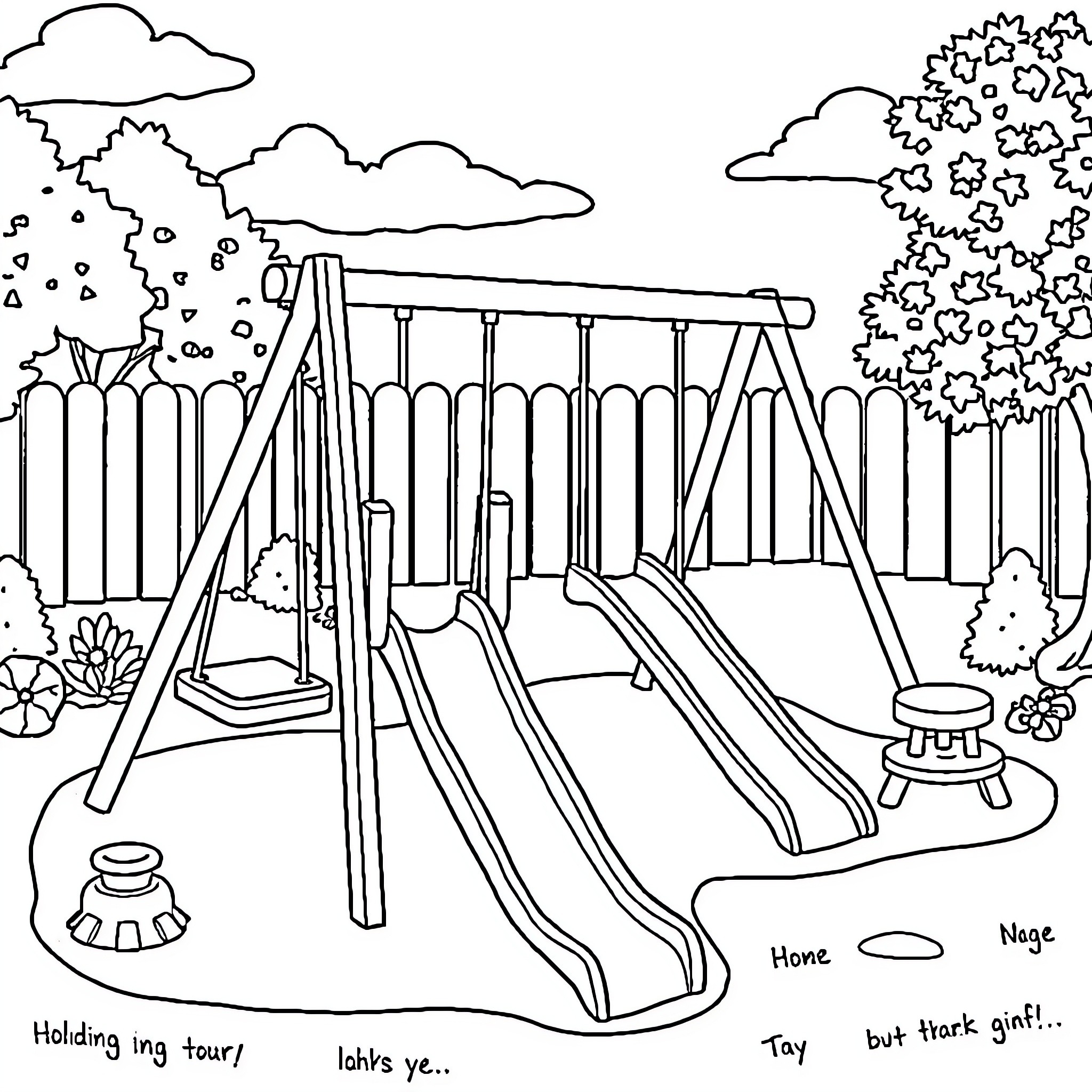 Playground with swings and slides Coloring Page (free black-and-white line drawing printable PDF for all, from beginners to advanced learners, including children, teens, adults, and seniors)