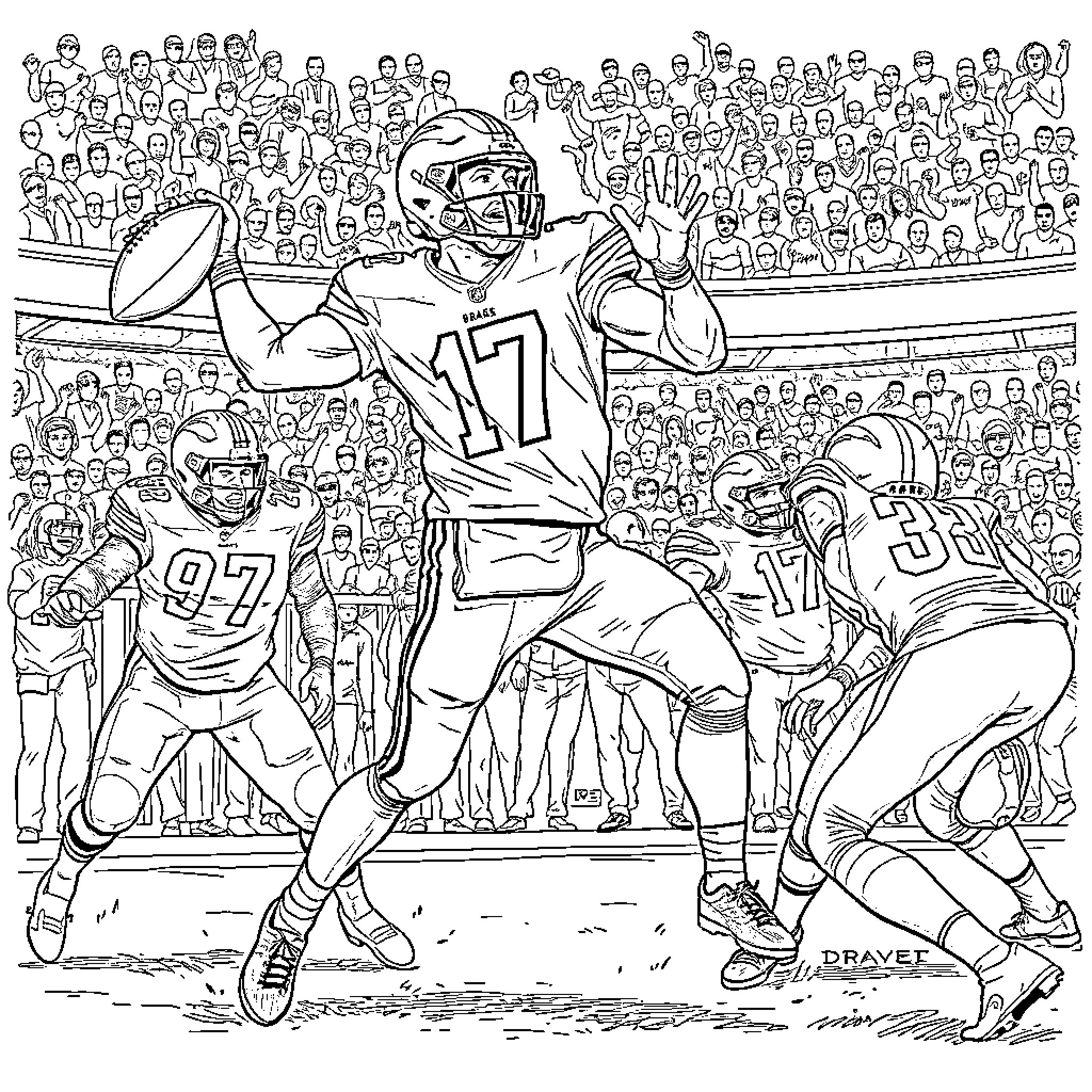 Drake Maye leading his team in an intense football game Coloring Page (free black-and-white line drawing printable PDF for all, from beginners to advanced learners, including children, teens, adults, and seniors)