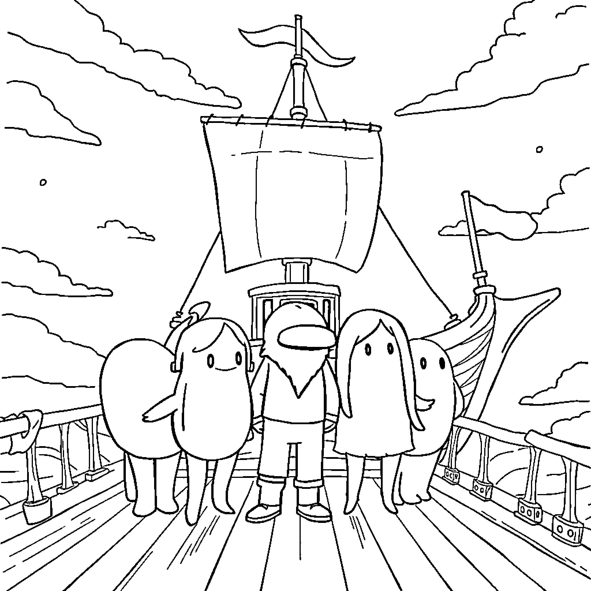 Among Us Characters on a Ship Setting Sail Coloring Page (free black-and-white line drawing printable PDF for all, from beginners to advanced learners, including children, teens, adults, and seniors)