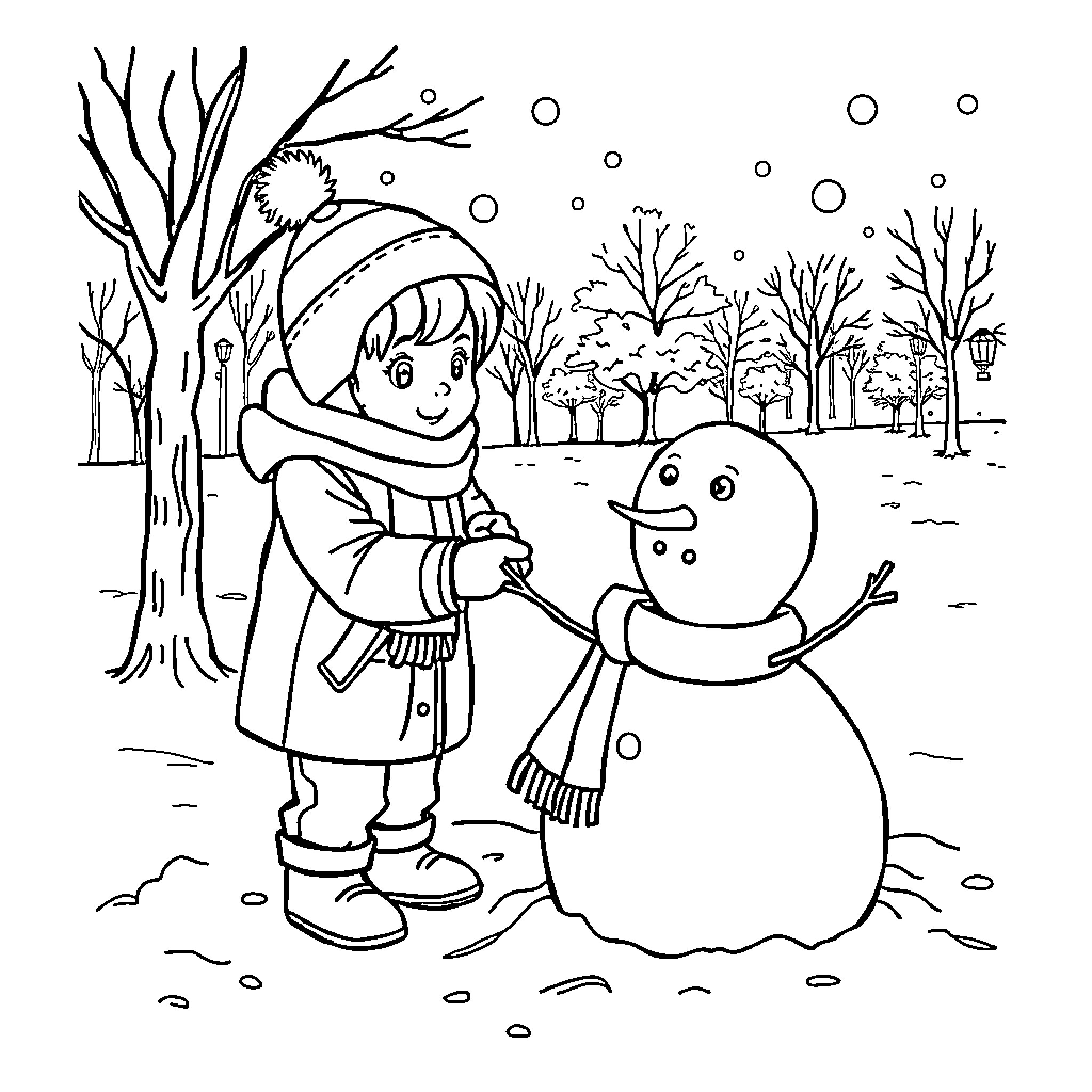 Kid building a snowman in the winter park Coloring Page (free black-and-white line drawing printable PDF for all, from beginners to advanced learners, including children, teens, adults, and seniors)