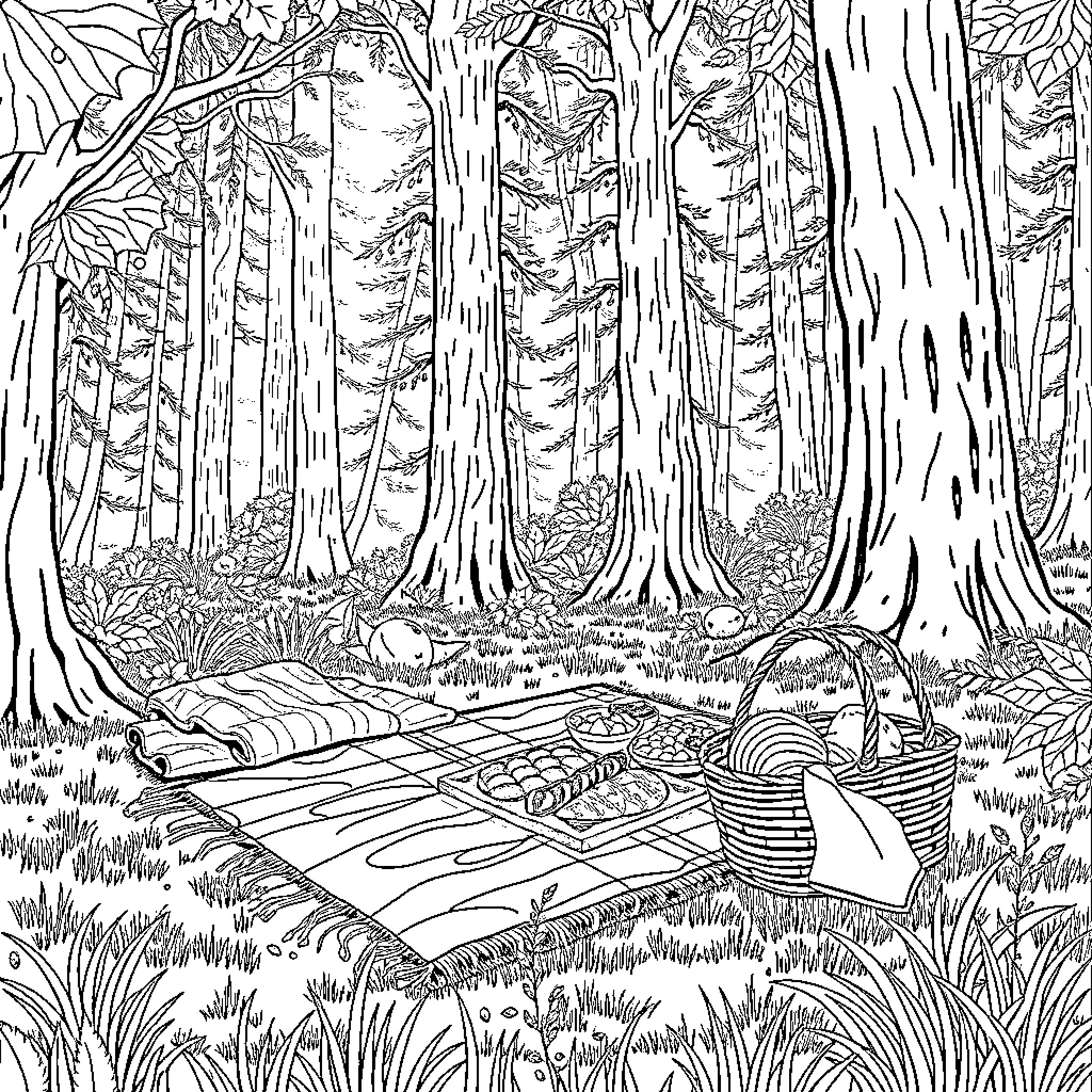 Forest picnic in the woods Coloring Page (free black-and-white line drawing printable PDF for all, from beginners to advanced learners, including children, teens, adults, and seniors)