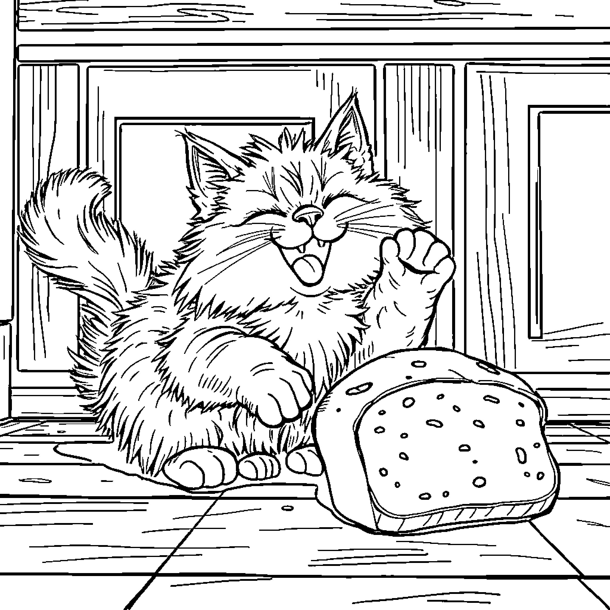 Cat happily enjoying a snack Coloring Page (free black-and-white line drawing printable PDF for all, from beginners to advanced learners, including children, teens, adults, and seniors)