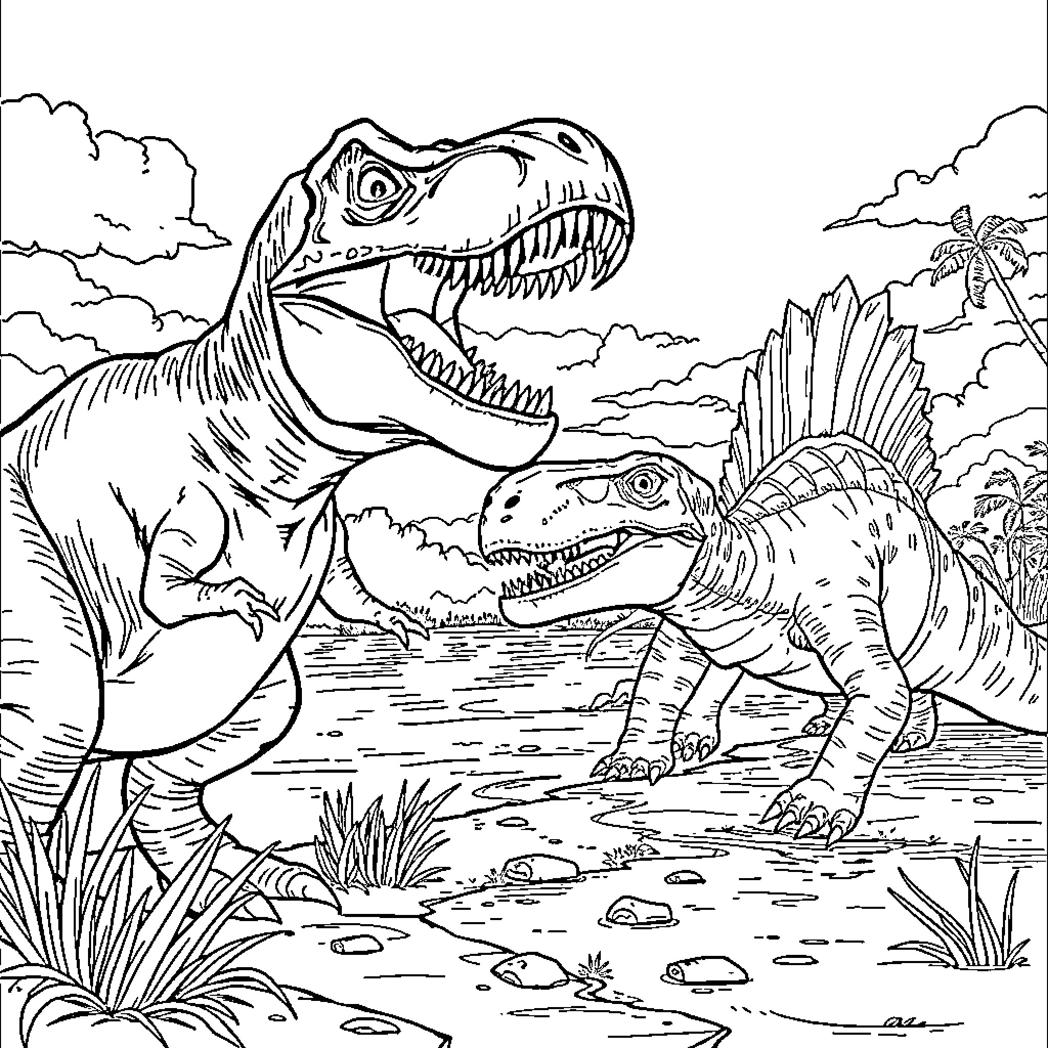 Dinosaurs in prehistoric landscape Coloring Page (free black-and-white line drawing printable PDF for all, from beginners to advanced learners, including children, teens, adults, and seniors)