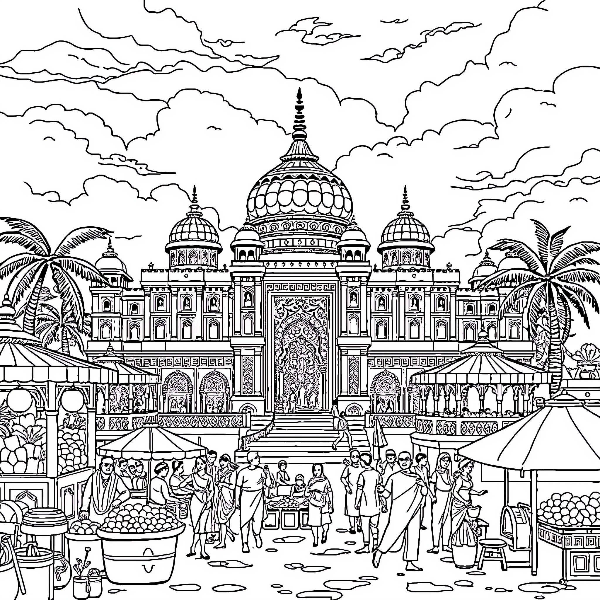 Indian Civilization: Bustling Marketplace and Ornate Architectural Wonders Coloring Page (free black-and-white line drawing printable PDF for all, from beginners to advanced learners, including children, teens, adults, and seniors)