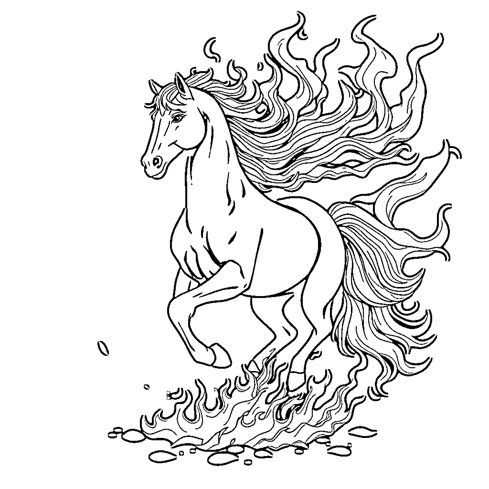 Horse with Flowing Mane and Tail Coloring Page (free black-and-white line drawing printable PDF for all, from beginners to advanced learners, including children, teens, adults, and seniors)
