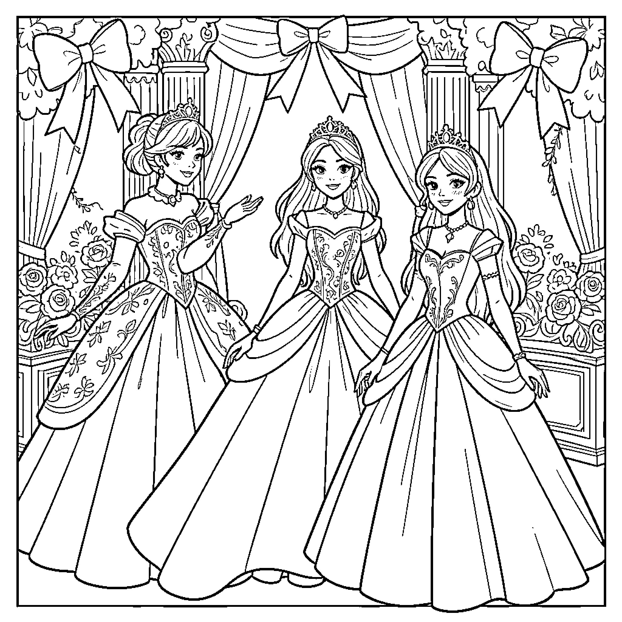 Ribbons and Bows: A Fairytale Celebration Coloring Page (free black-and-white line drawing printable PDF for all, from beginners to advanced learners, including children, teens, adults, and seniors)