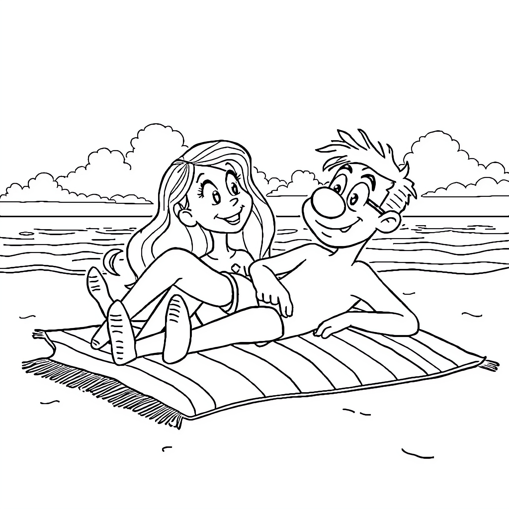 Daphanie and Buddy enjoying a beach day Coloring Page (free black-and-white line drawing printable PDF for all, from beginners to advanced learners, including children, teens, adults, and seniors)