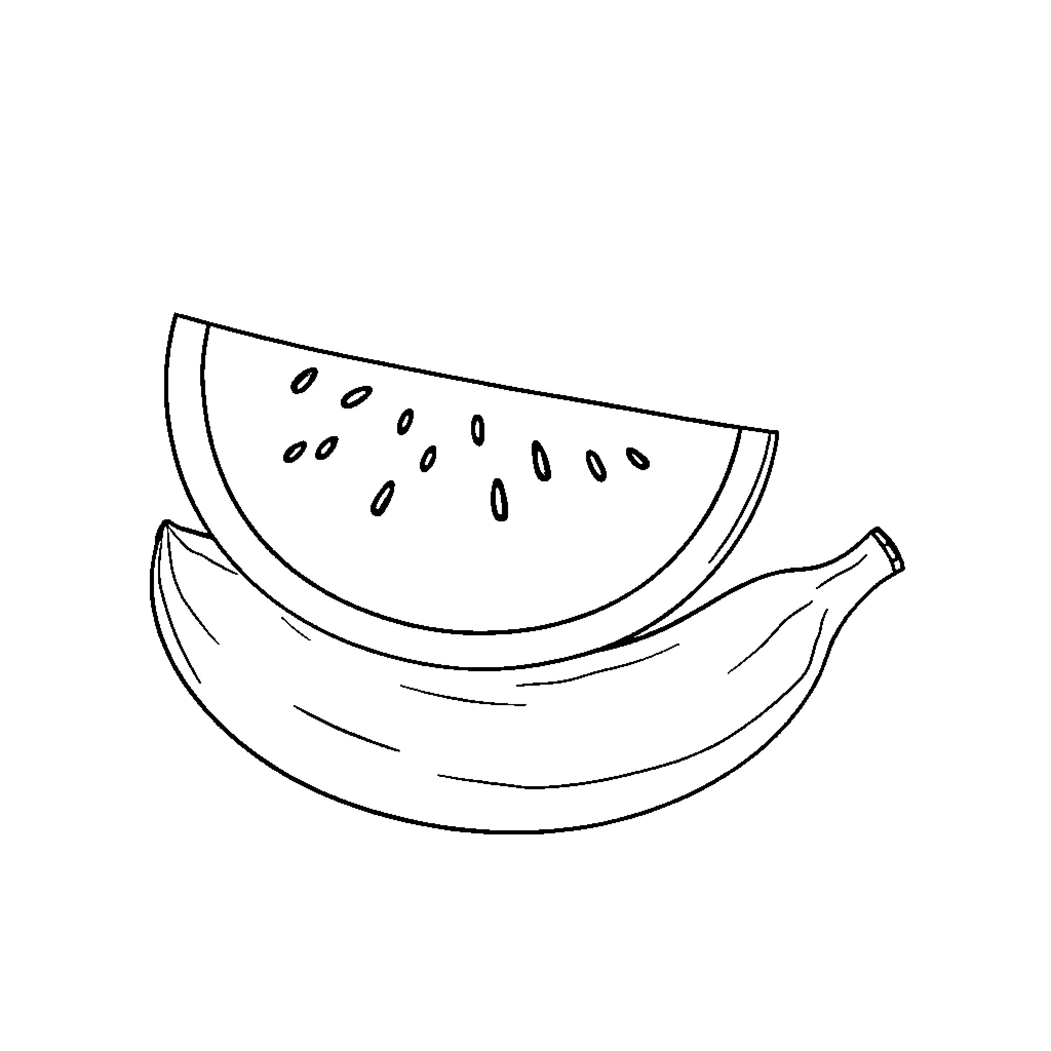Watermelon and banana sketch Coloring Page (free black-and-white line drawing printable PDF for all, from beginners to advanced learners, including children, teens, adults, and seniors)