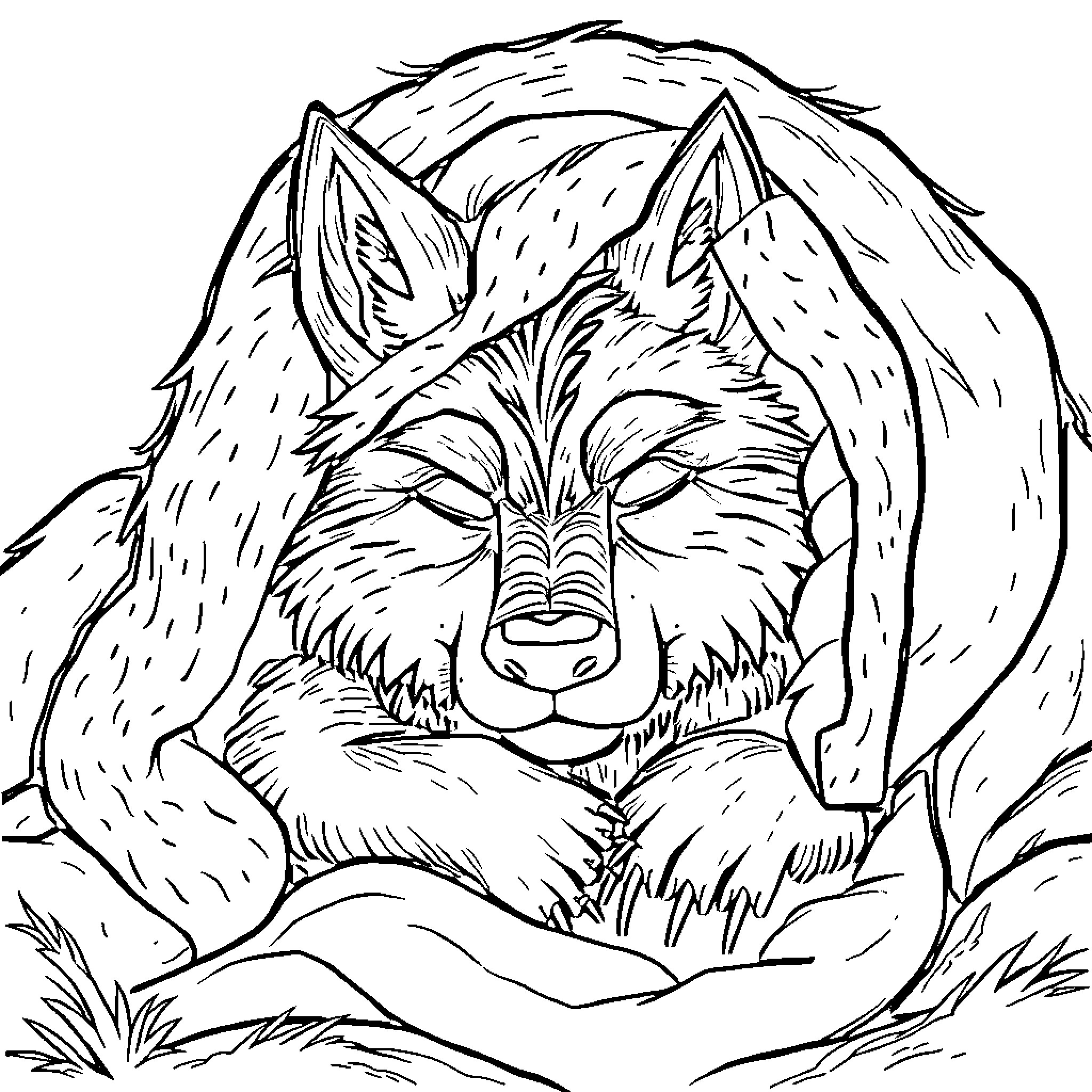 Wolf resting in the wilderness Coloring Page (free black-and-white line drawing printable PDF for all, from beginners to advanced learners, including children, teens, adults, and seniors)
