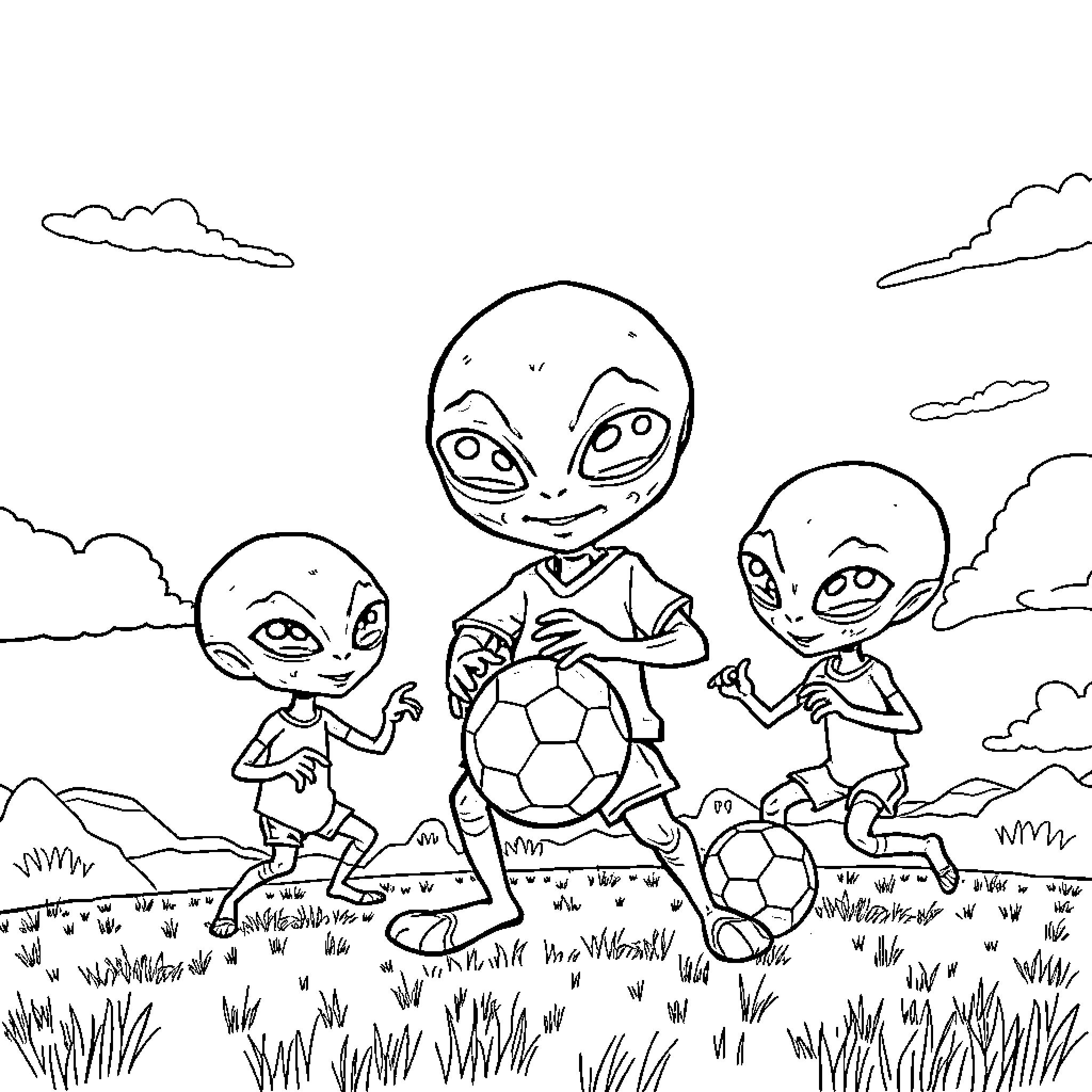 Alien creatures playing soccer in a field Coloring Page (free black-and-white line drawing printable PDF for all, from beginners to advanced learners, including children, teens, adults, and seniors)