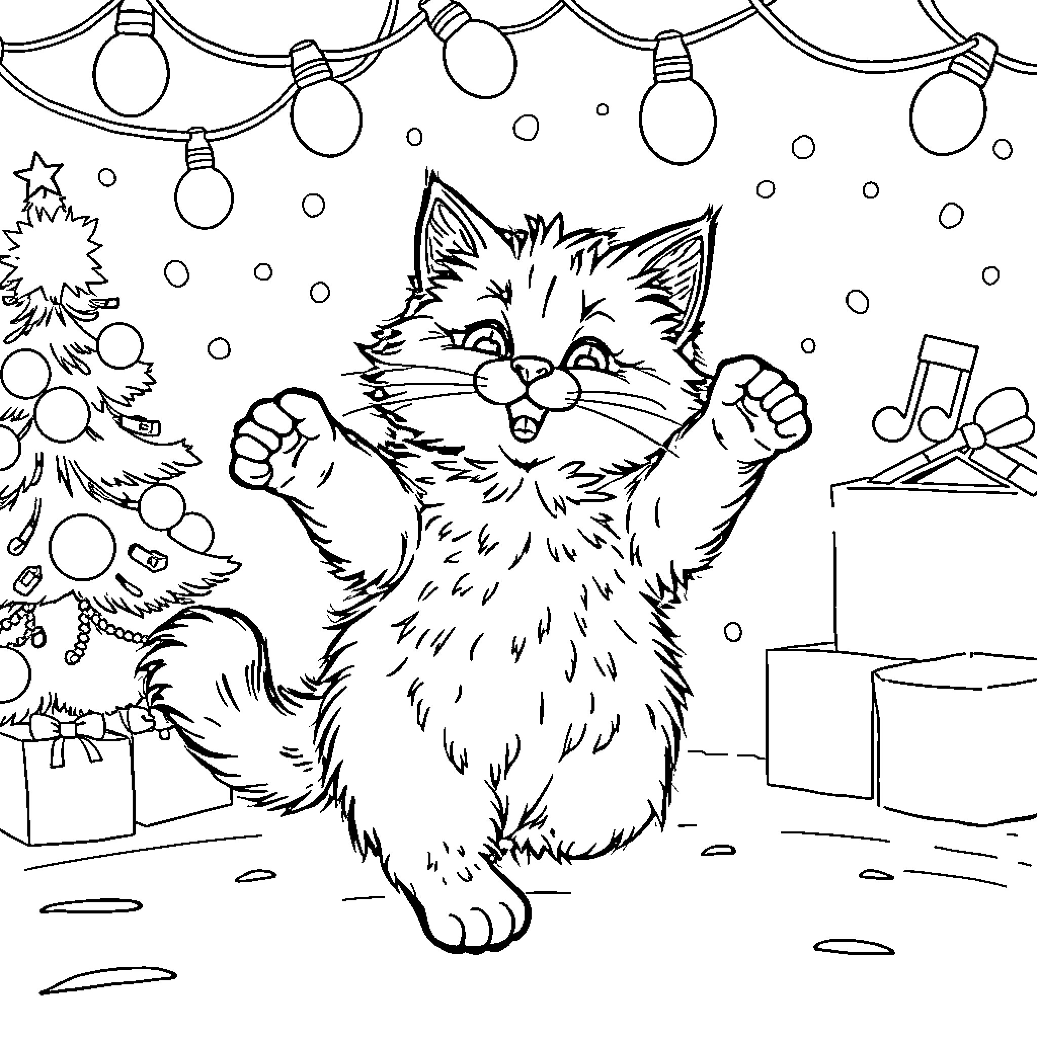 Cat enjoying the festive Christmas scene Coloring Page (free black-and-white line drawing printable PDF for all, from beginners to advanced learners, including children, teens, adults, and seniors)