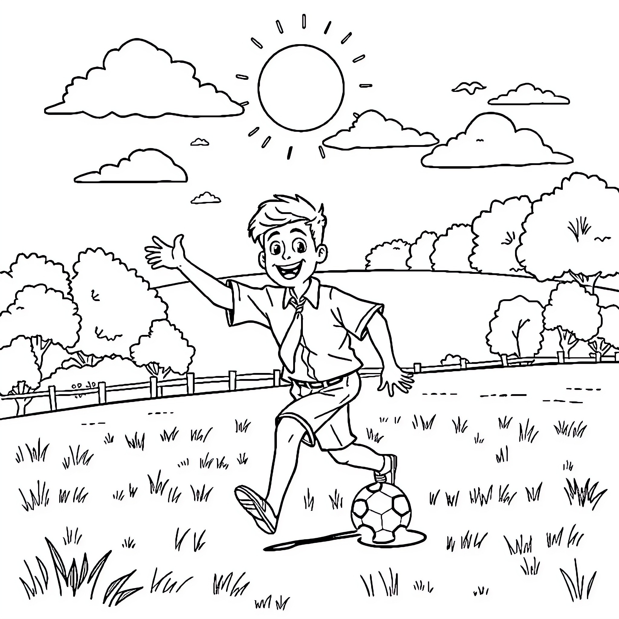 Teacher playing soccer on a sunny day Coloring Page (free black-and-white line drawing printable PDF for all, from beginners to advanced learners, including children, teens, adults, and seniors)