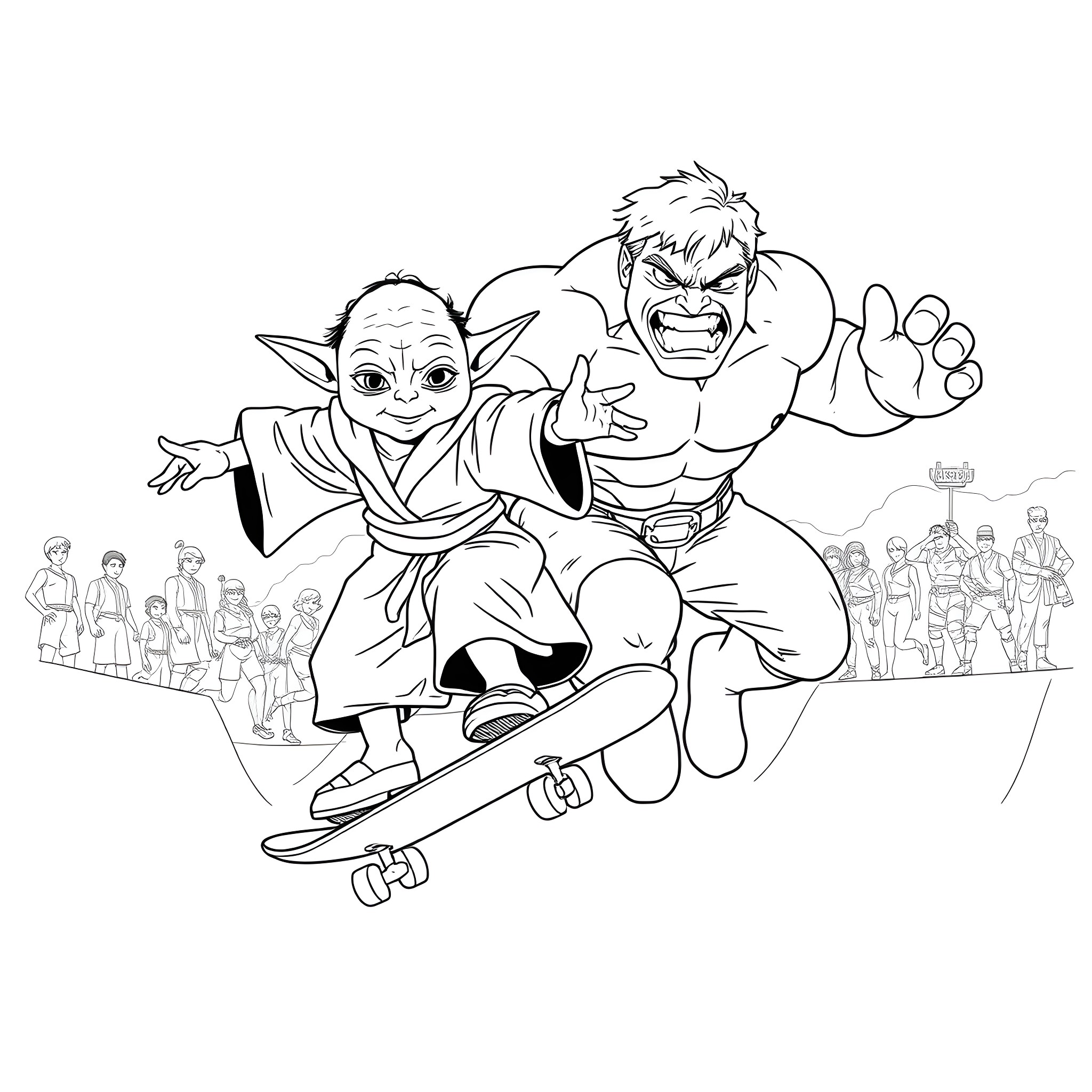 Yoda and Hulk skateboarding in front of a crowd Coloring Page (free black-and-white line drawing printable PDF for all, from beginners to advanced learners, including children, teens, adults, and seniors)