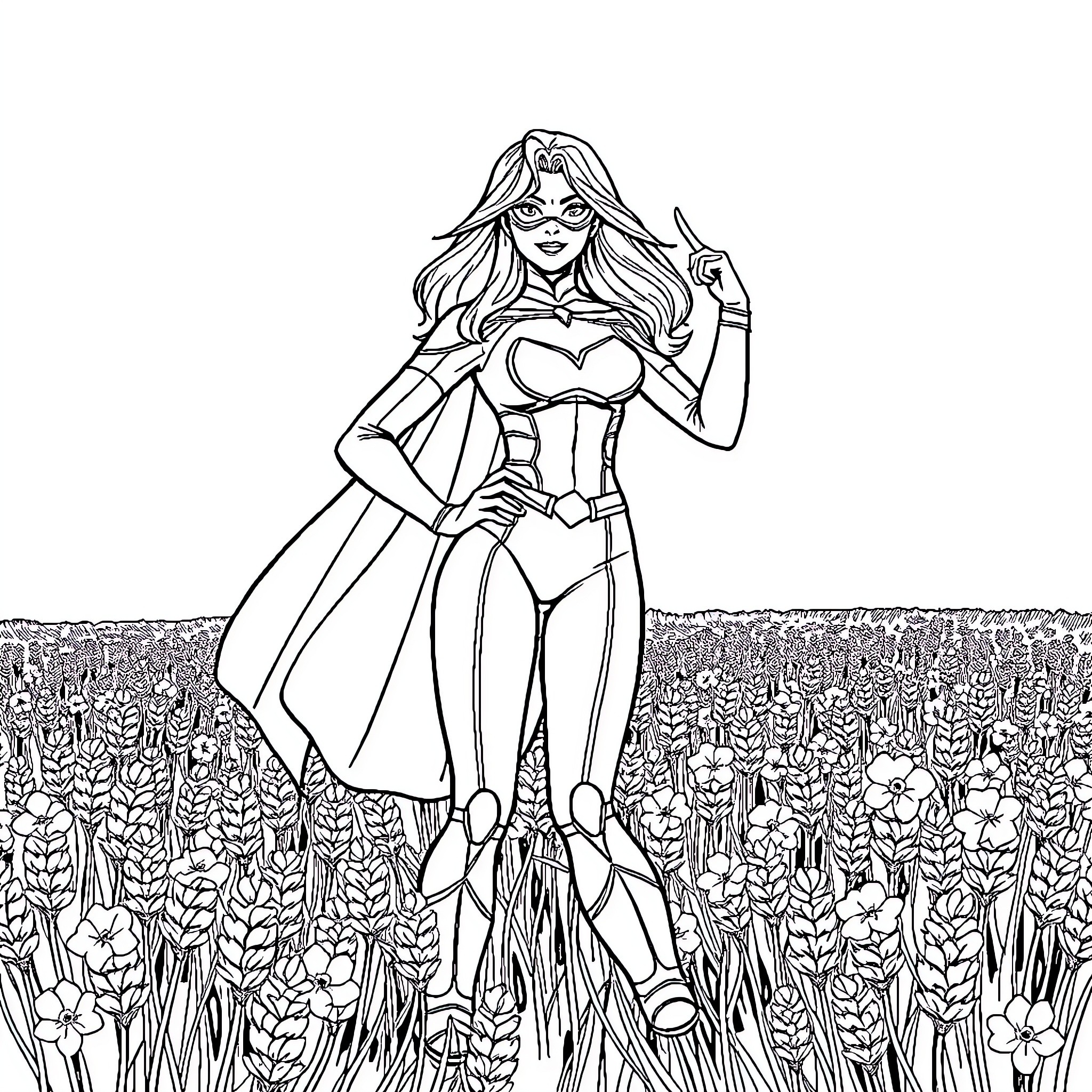 Superheroine standing tall in a field of flowers Coloring Page (free black-and-white line drawing printable PDF for all, from beginners to advanced learners, including children, teens, adults, and seniors)