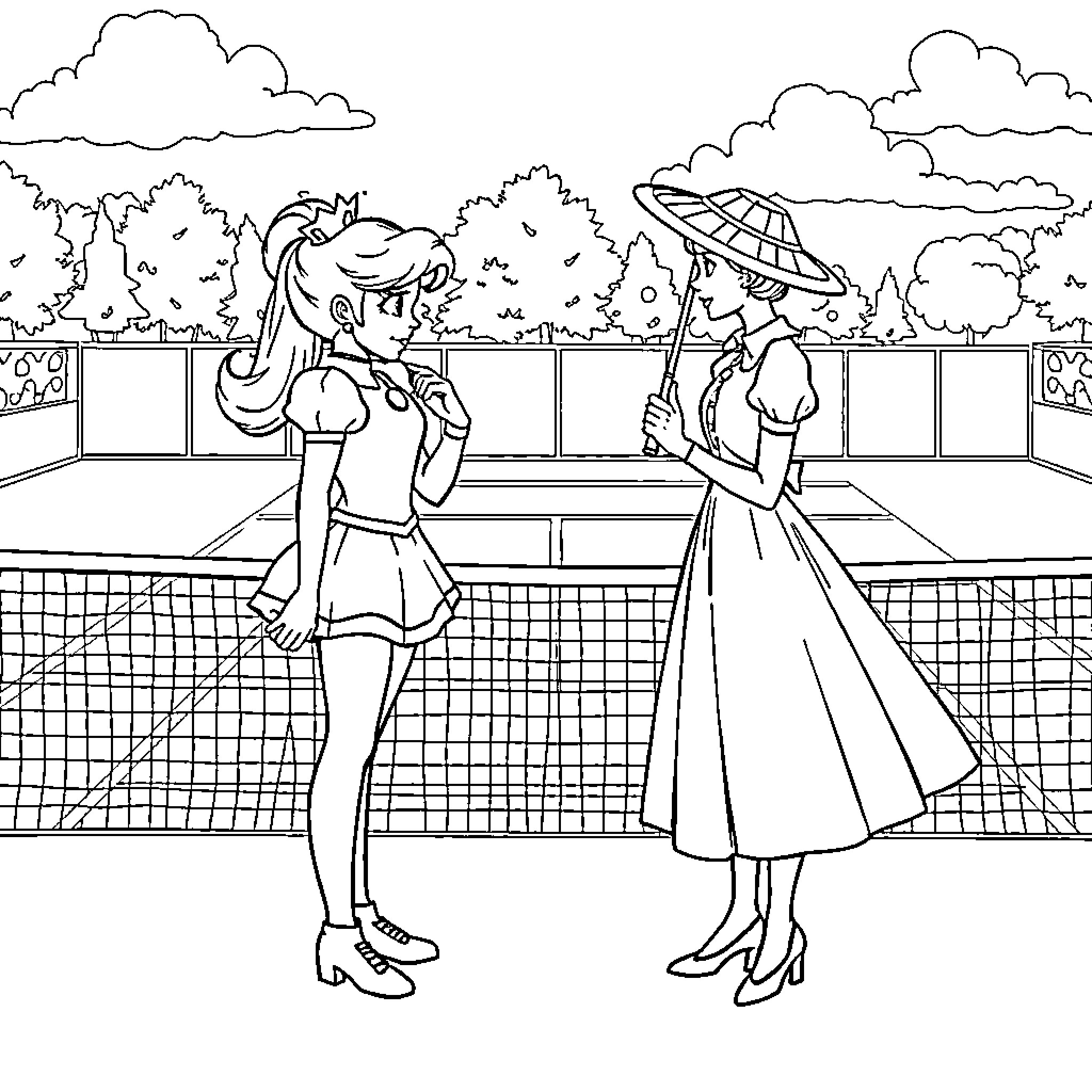 Princess tennis match in the park Coloring Page (free black-and-white line drawing printable PDF for all, from beginners to advanced learners, including children, teens, adults, and seniors)
