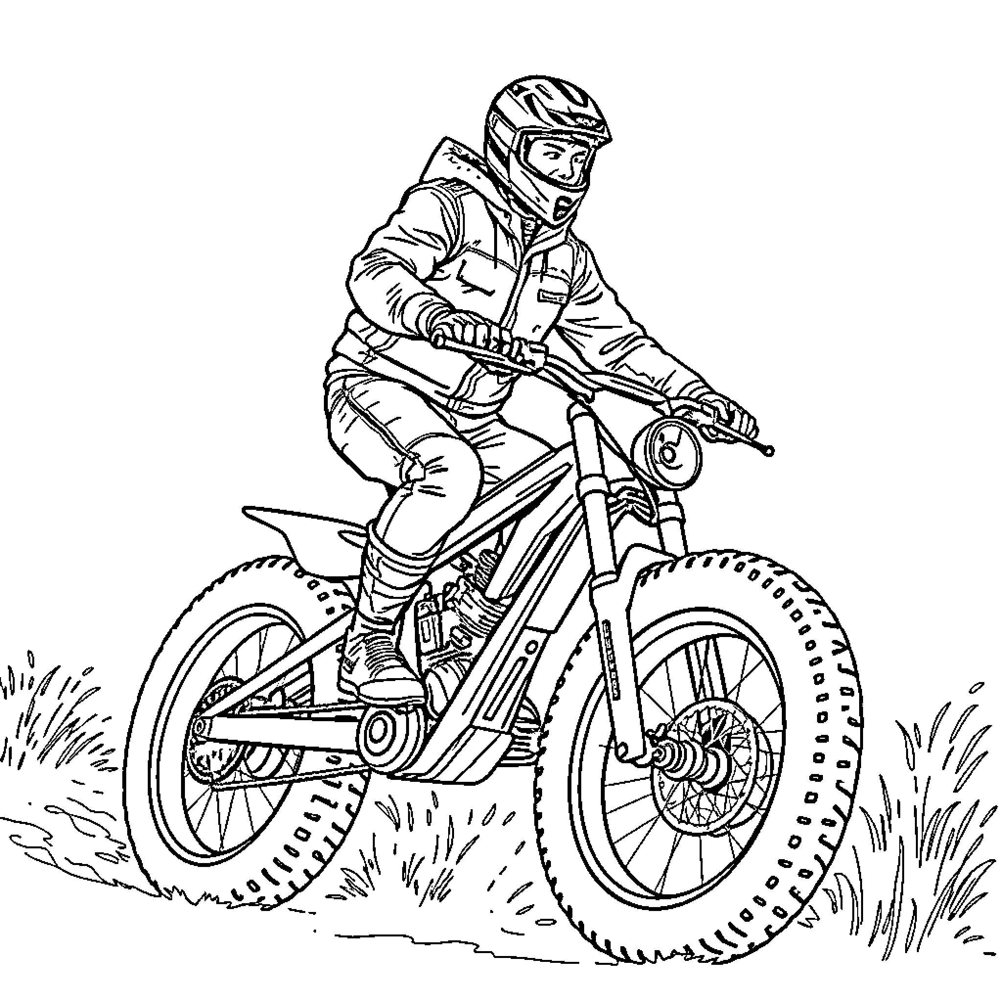 Heks riding dirt bike through rugged terrain Coloring Page (free black-and-white line drawing printable PDF for all, from beginners to advanced learners, including children, teens, adults, and seniors)