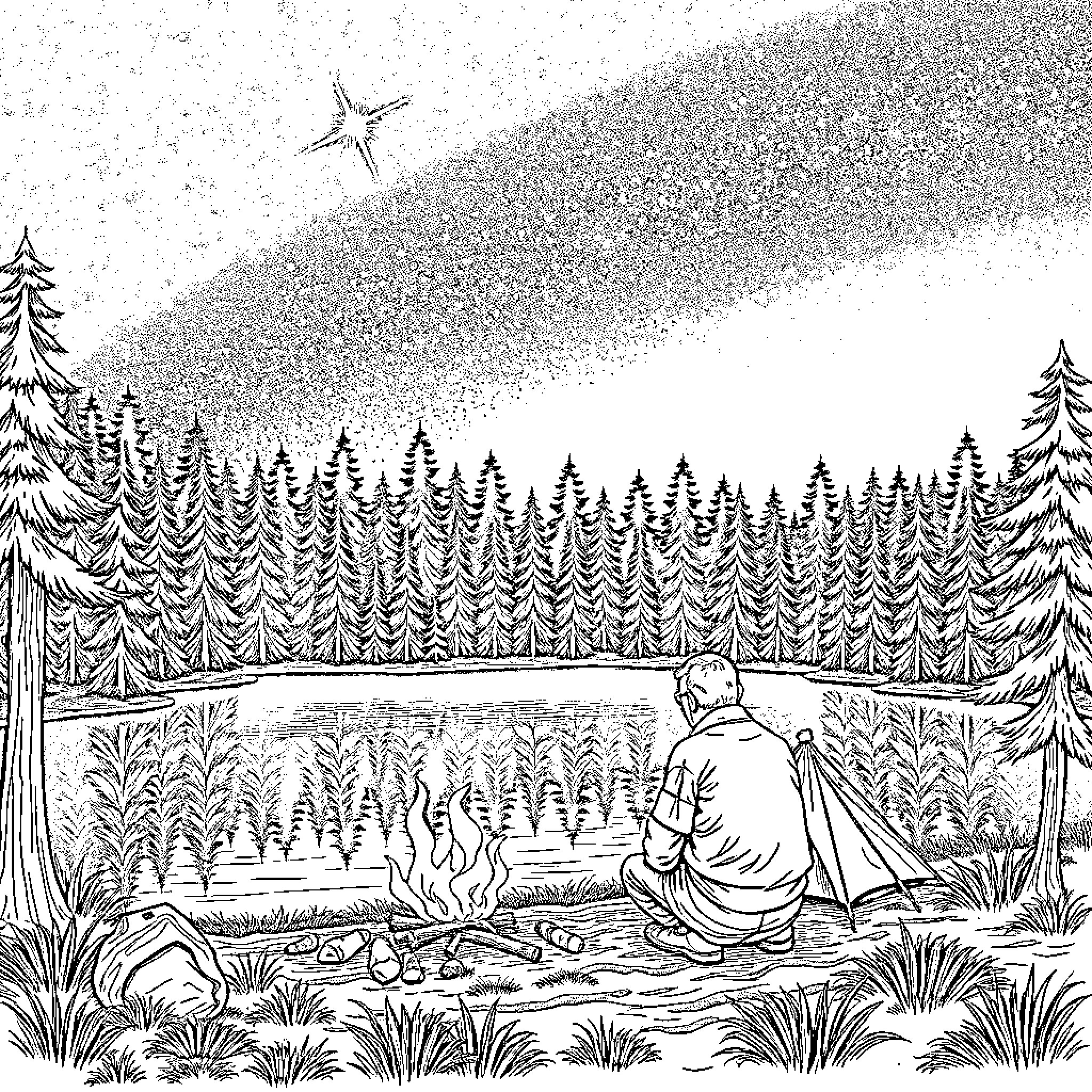 Man enjoying peaceful nature landscape Coloring Page (free black-and-white line drawing printable PDF for all, from beginners to advanced learners, including children, teens, adults, and seniors)