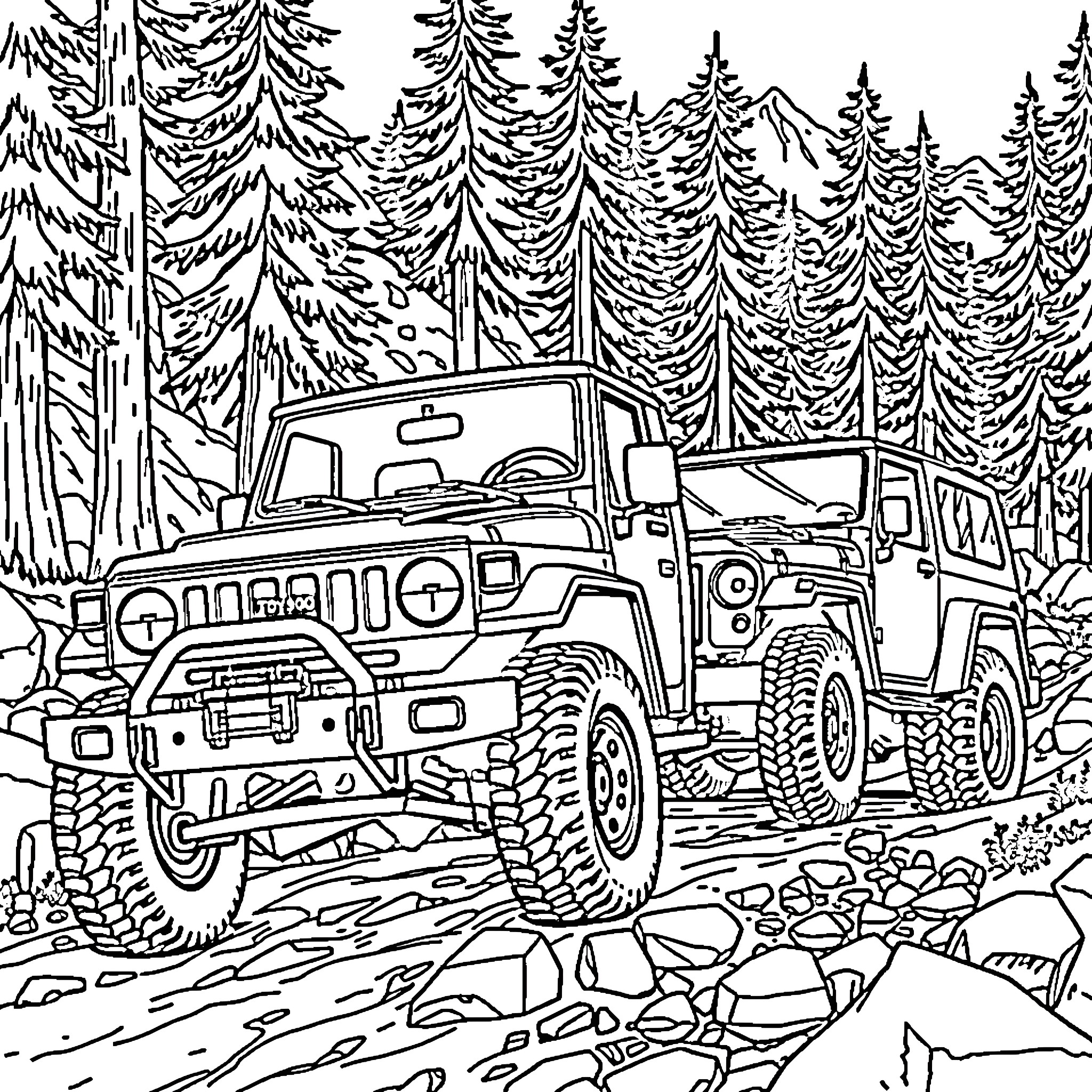 Car off-roading through rugged forest terrain Coloring Page (free black-and-white line drawing printable PDF for all, from beginners to advanced learners, including children, teens, adults, and seniors)
