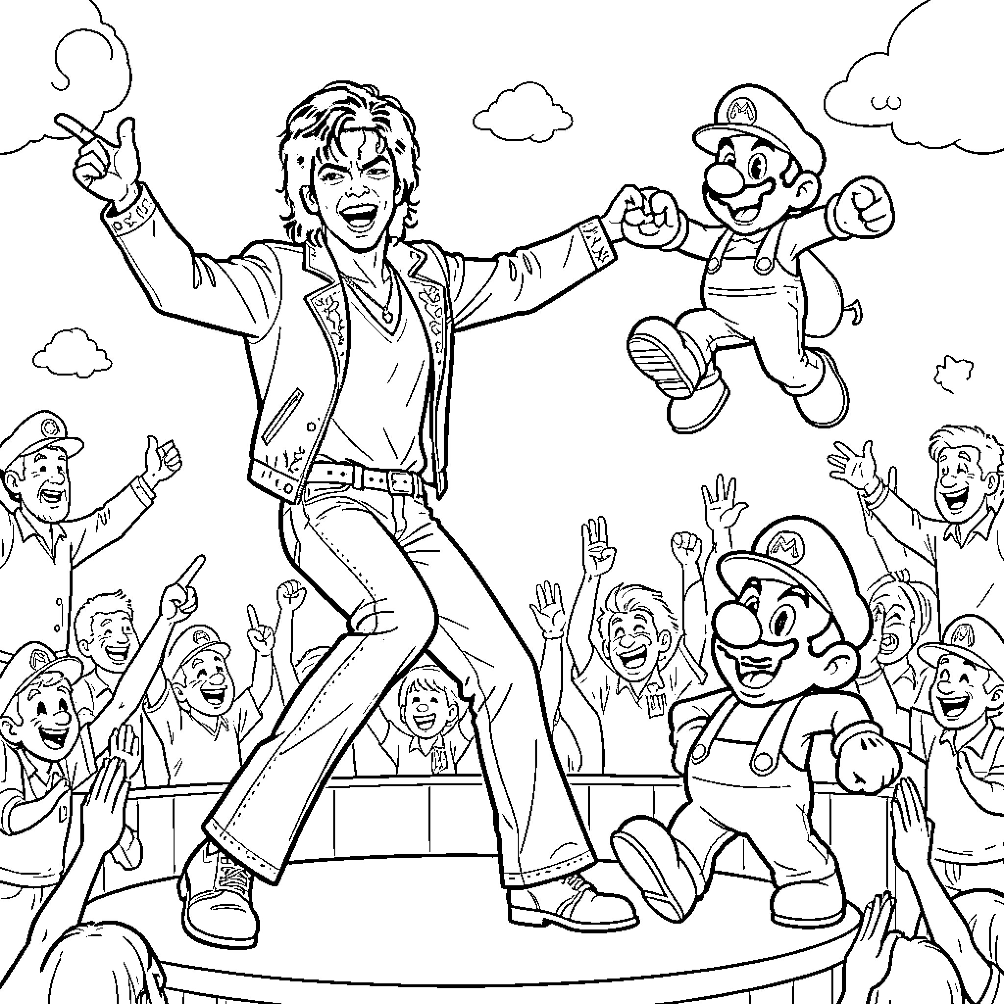 Michael Jackson dancing joyfully alongside Mario characters Coloring Page (free black-and-white line drawing printable PDF for all, from beginners to advanced learners, including children, teens, adults, and seniors)