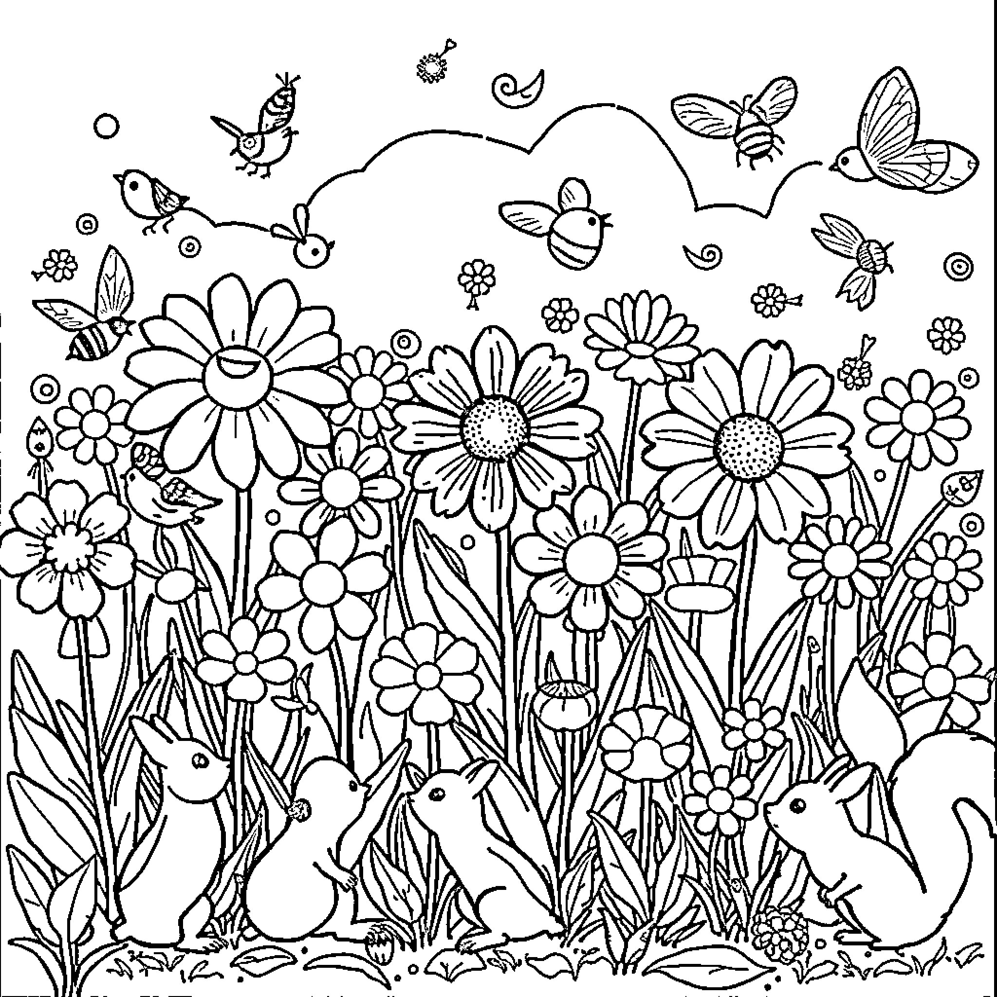 Flower Garden with Whimsical Creatures Coloring Page (free black-and-white line drawing printable PDF for all, from beginners to advanced learners, including children, teens, adults, and seniors)