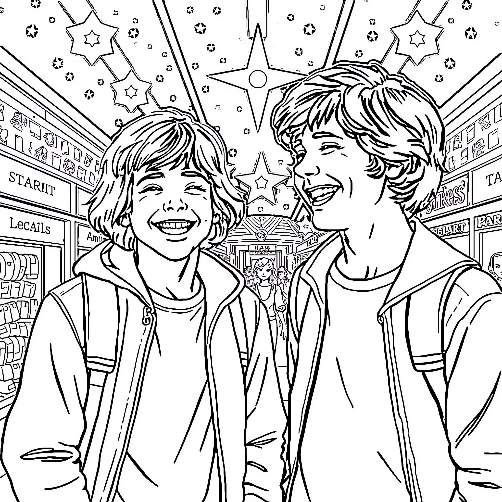 Max and friend explore a magical bookstore Coloring Page (free black-and-white line drawing printable PDF for all, from beginners to advanced learners, including children, teens, adults, and seniors)