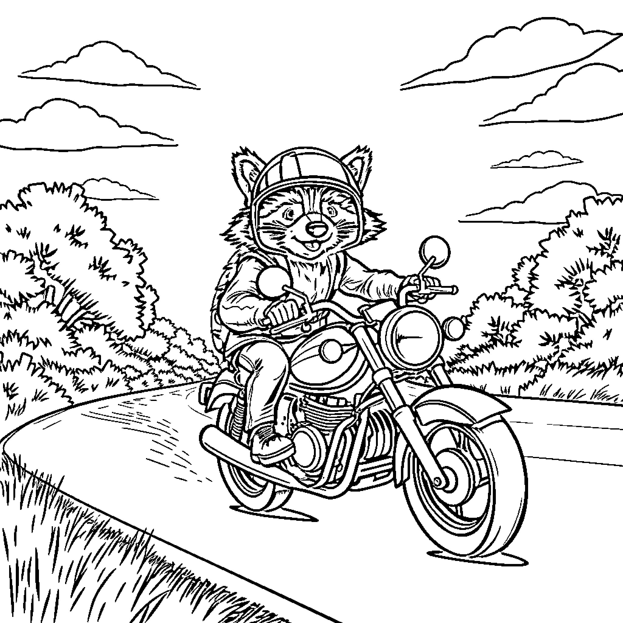 Racoon riding motorcycle on country road Coloring Page (free black-and-white line drawing printable PDF for all, from beginners to advanced learners, including children, teens, adults, and seniors)