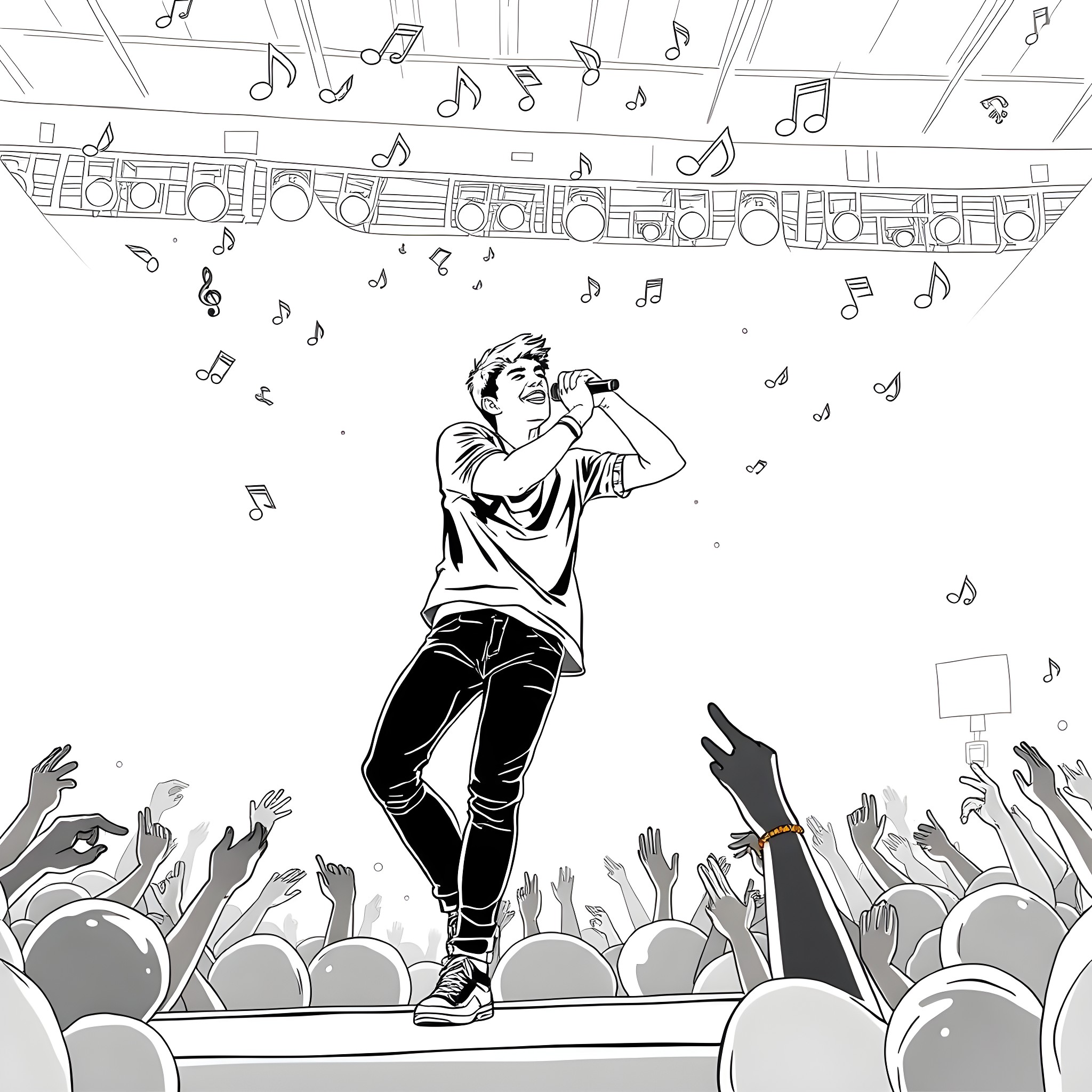 Justin Bieber performing on stage with cheering crowd Coloring Page (free black-and-white line drawing printable PDF for all, from beginners to advanced learners, including children, teens, adults, and seniors)