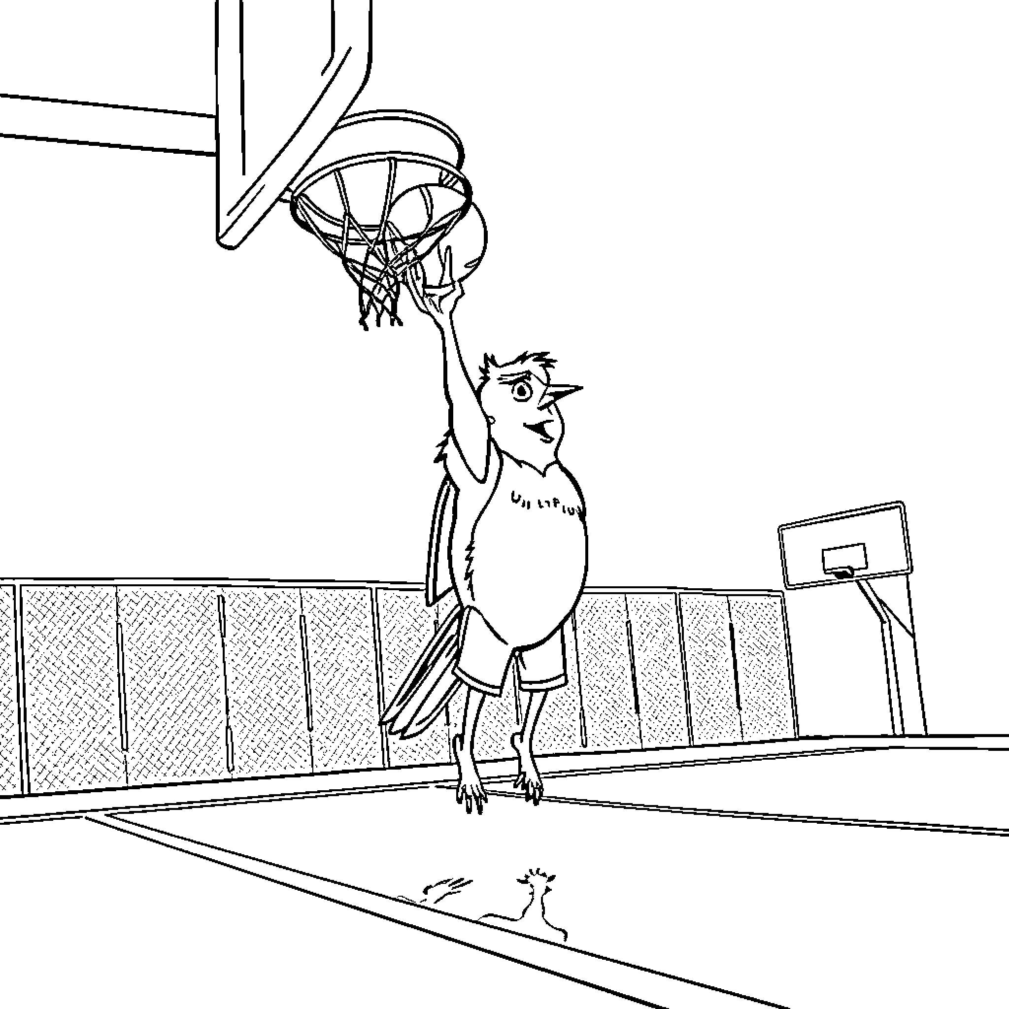 Robin shoots a basket on the court Coloring Page (free black-and-white line drawing printable PDF for all, from beginners to advanced learners, including children, teens, adults, and seniors)