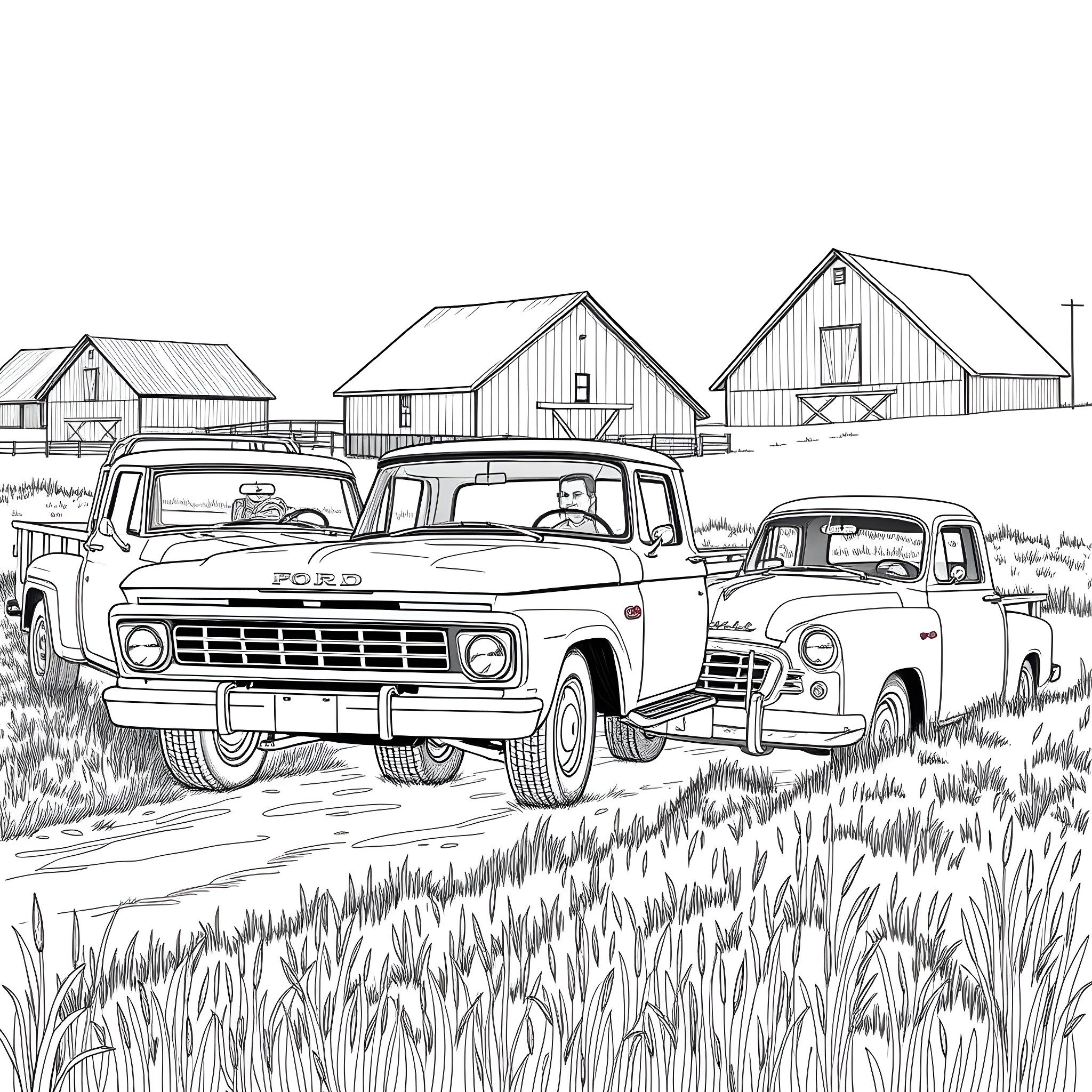 Pickup Trucks in a Rustic Farmyard Scene Coloring Page (free black-and-white line drawing printable PDF for all, from beginners to advanced learners, including children, teens, adults, and seniors)