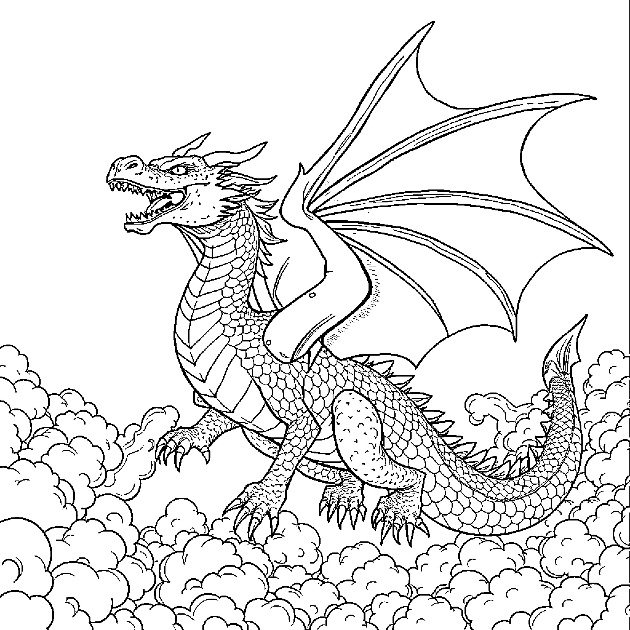 Dragon soaring through the skies above the clouds Coloring Page (free black-and-white line drawing printable PDF for all, from beginners to advanced learners, including children, teens, adults, and seniors)