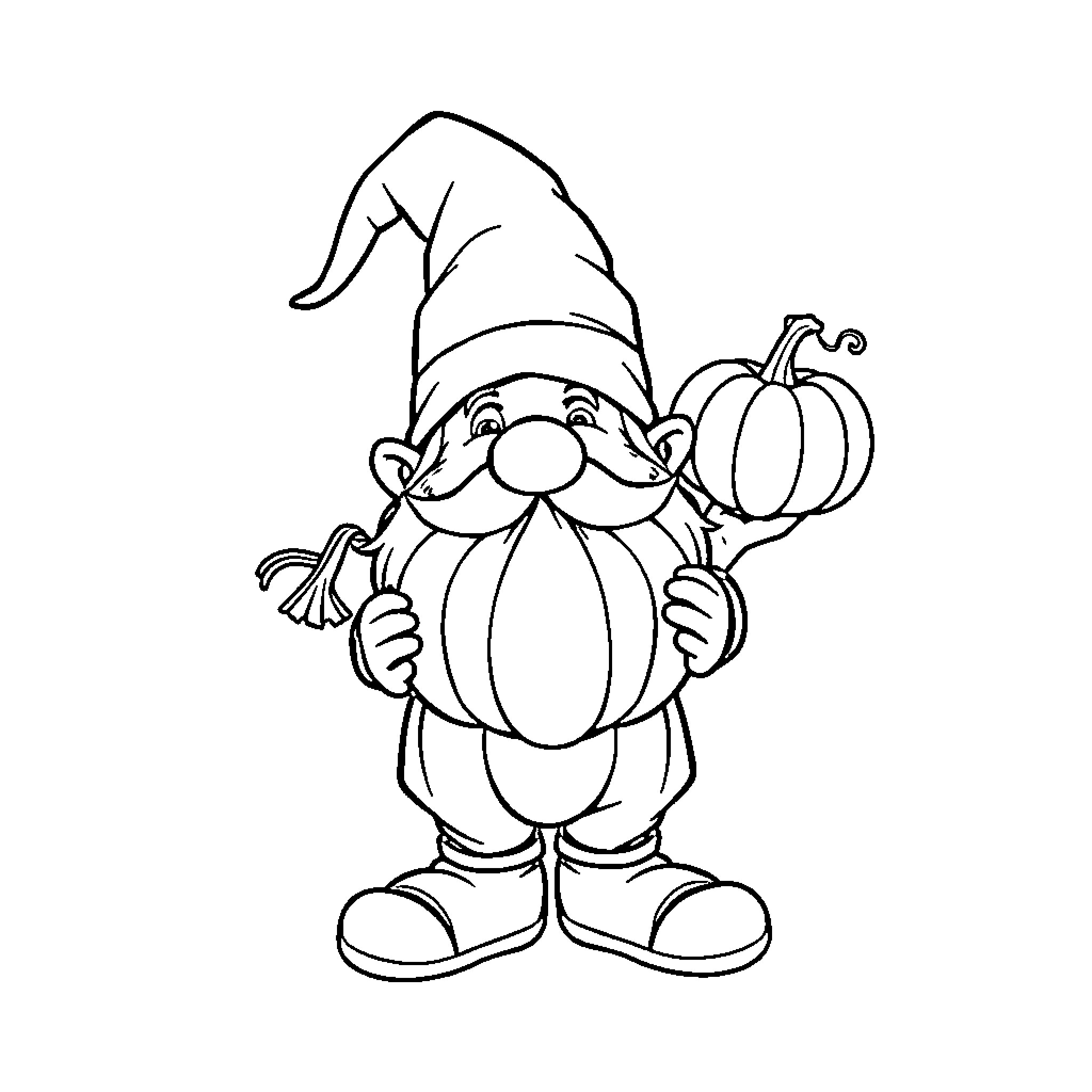 Gnome holding a pumpkin and broom Coloring Page (free black-and-white line drawing printable PDF for all, from beginners to advanced learners, including children, teens, adults, and seniors)