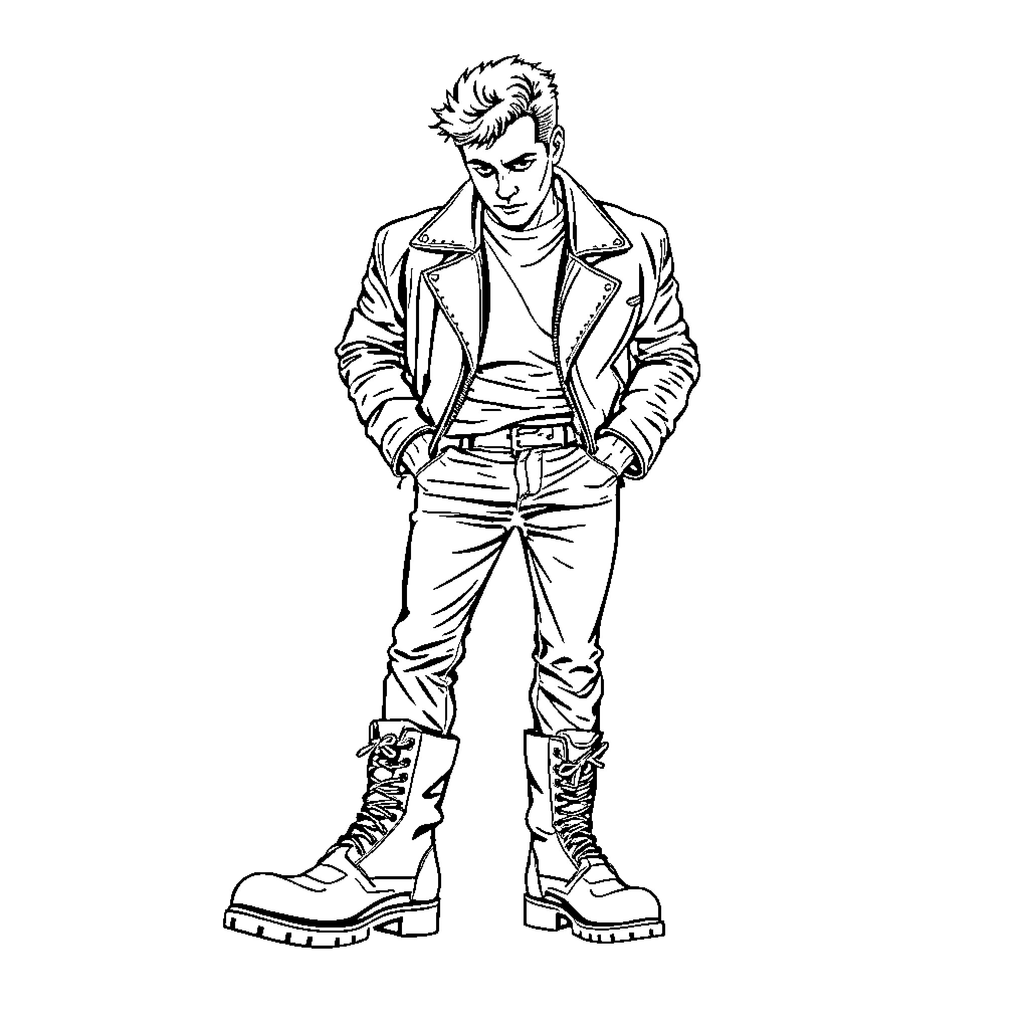 Guy with edgy fashion sense striking a pose Coloring Page (free black-and-white line drawing printable PDF for all, from beginners to advanced learners, including children, teens, adults, and seniors)