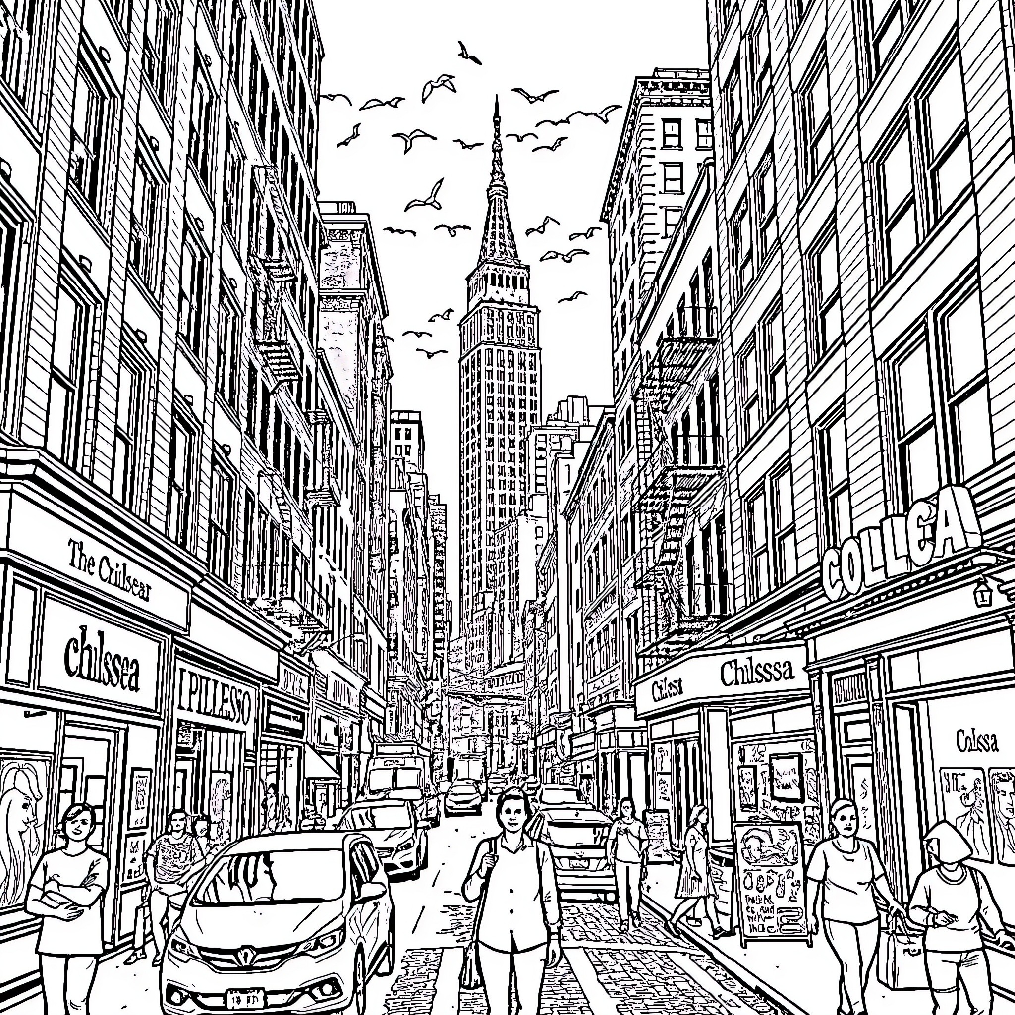 New York City street scene with bustling activity Coloring Page (free black-and-white line drawing printable PDF for all, from beginners to advanced learners, including children, teens, adults, and seniors)