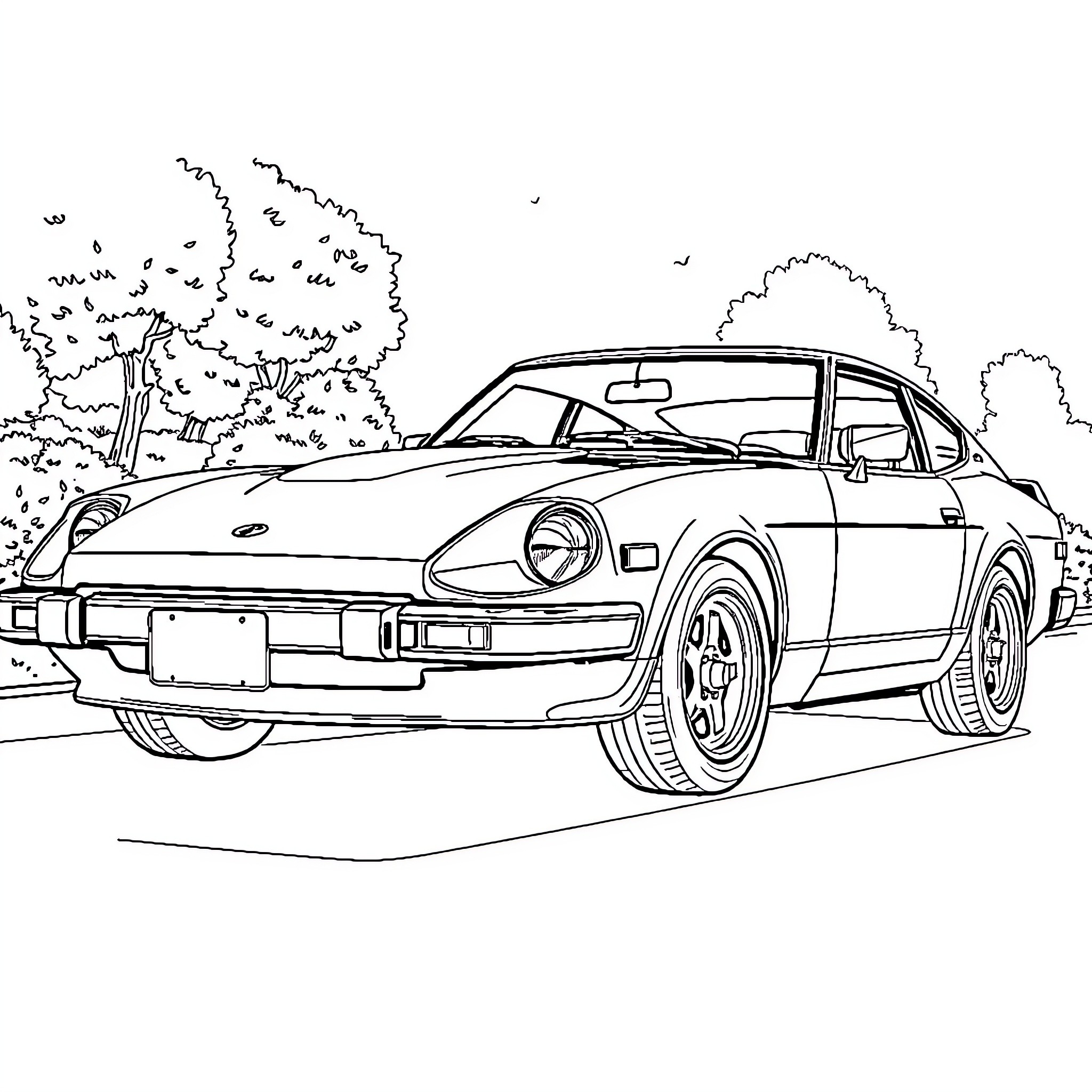 Datsun sports car driving through countryside Coloring Page (free black-and-white line drawing printable PDF for all, from beginners to advanced learners, including children, teens, adults, and seniors)