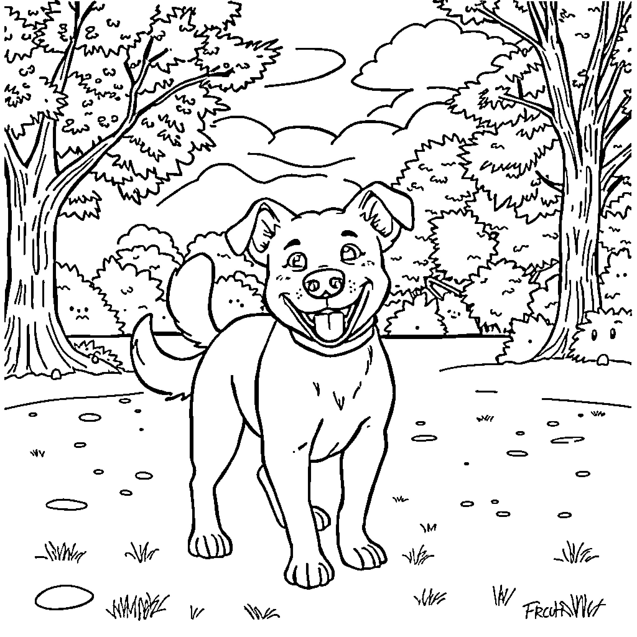 Dog exploring the enchanting forest landscape Coloring Page (free black-and-white line drawing printable PDF for all, from beginners to advanced learners, including children, teens, adults, and seniors)