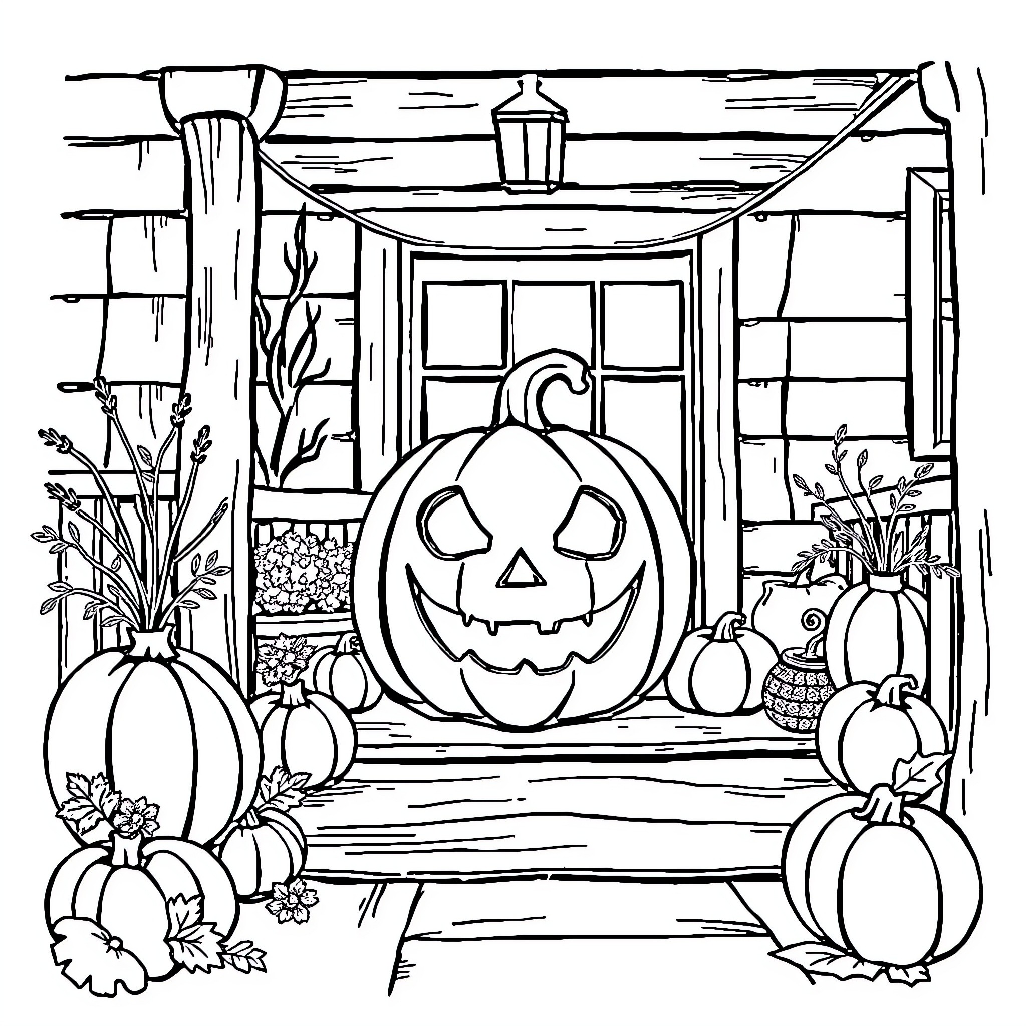 Jack-o'-lantern on a porch with fall decor Coloring Page (free black-and-white line drawing printable PDF for all, from beginners to advanced learners, including children, teens, adults, and seniors)