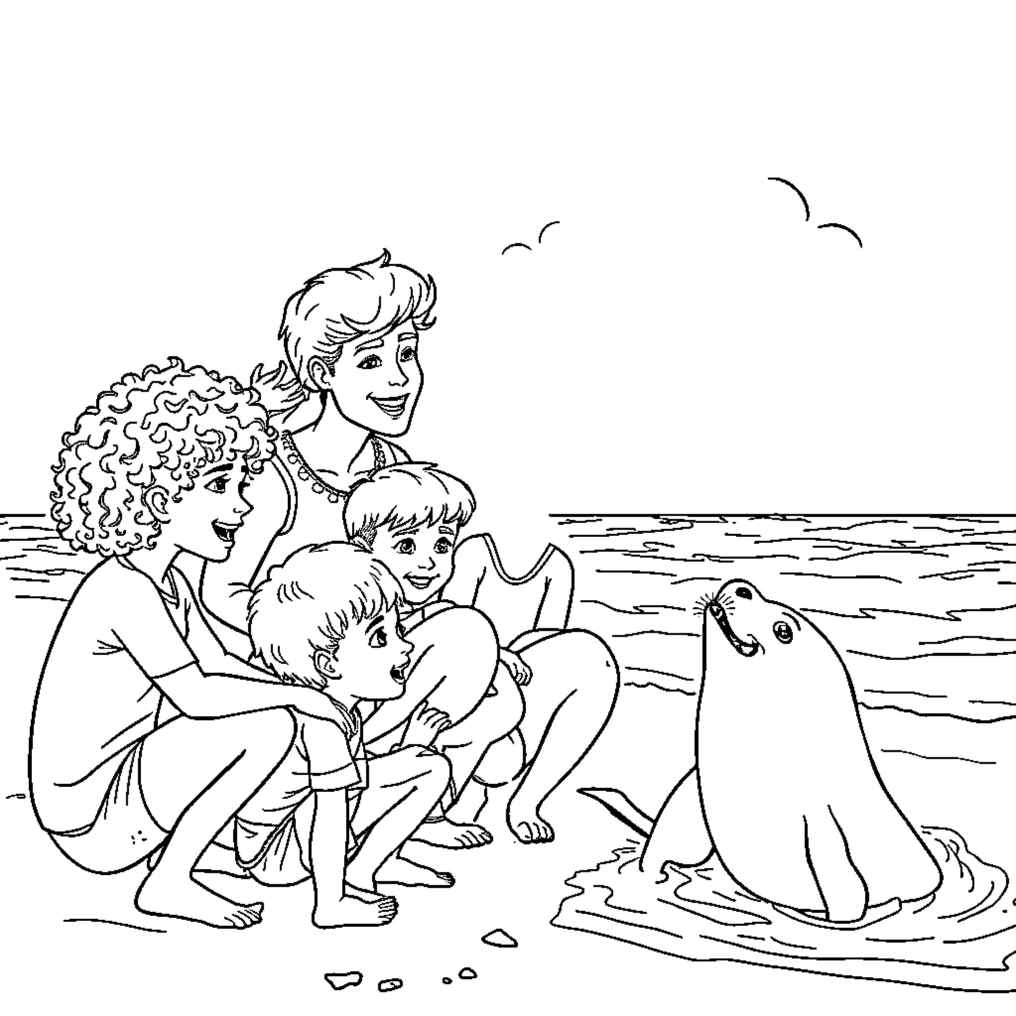 Sea Lion Playing with Children at the Beach Coloring Page (free black-and-white line drawing printable PDF for all, from beginners to advanced learners, including children, teens, adults, and seniors)