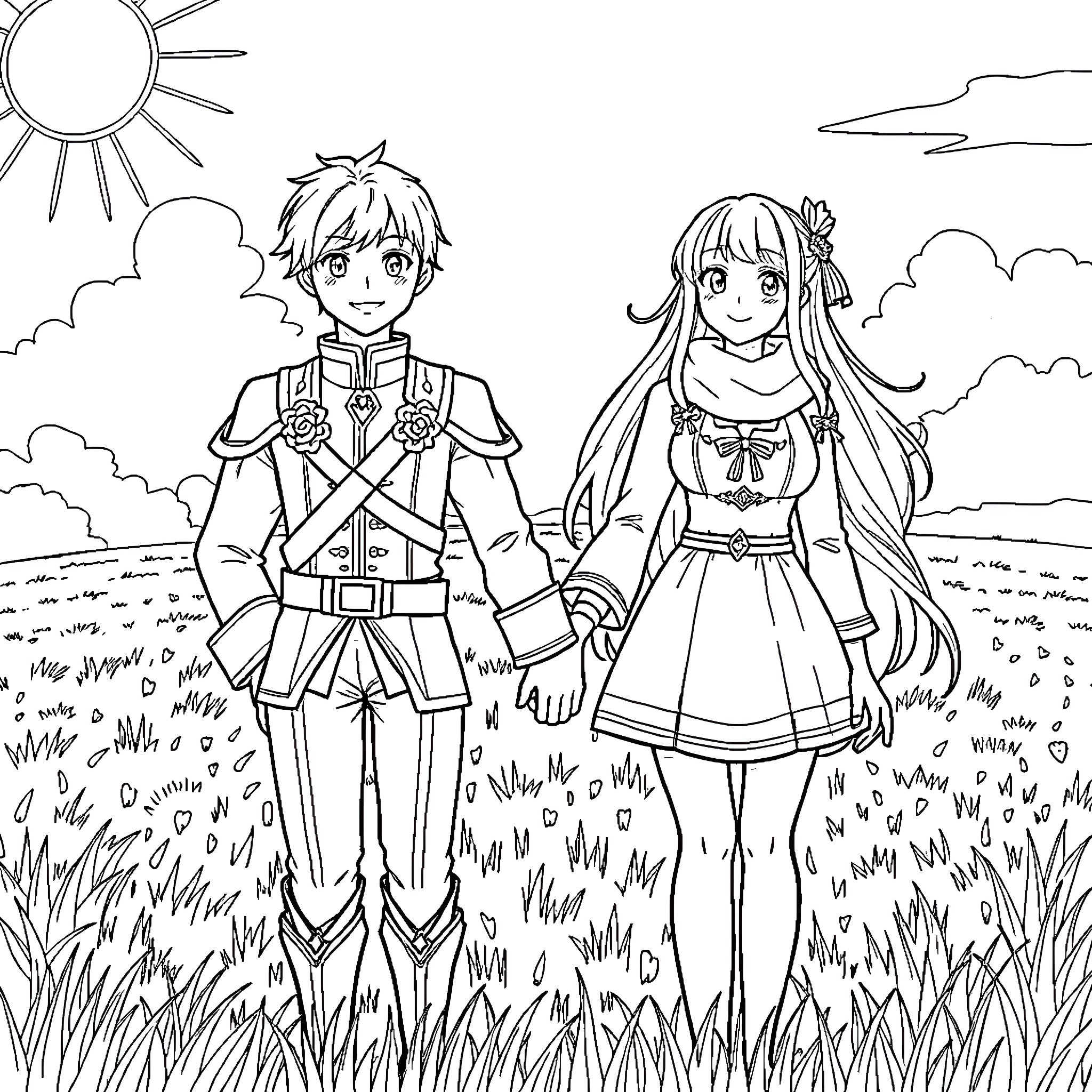 Felix and the Adventurous Duo in the Meadow Coloring Page (free black-and-white line drawing printable PDF for all, from beginners to advanced learners, including children, teens, adults, and seniors)