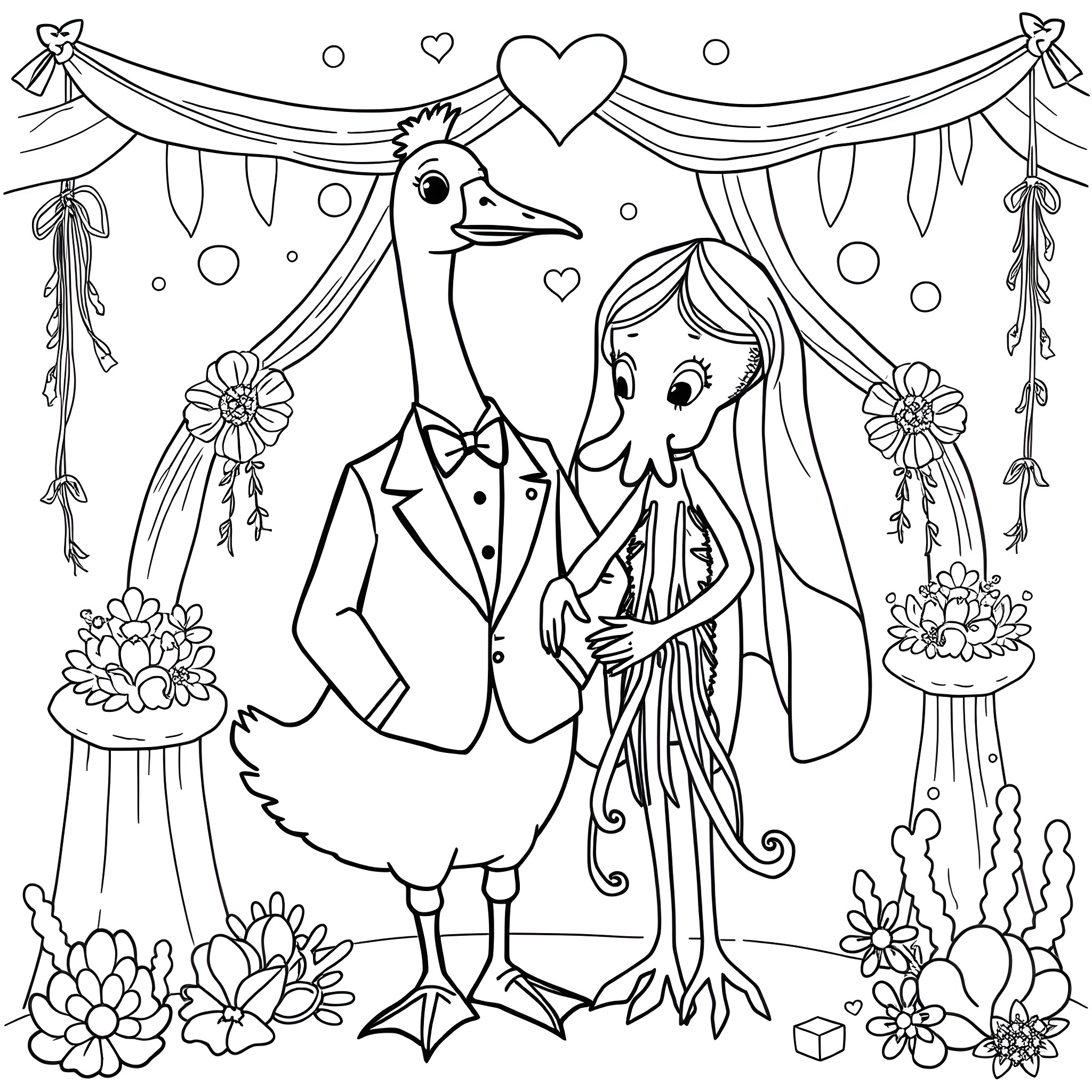 Goose and bride in floral wedding scene Coloring Page (free black-and-white line drawing printable PDF for all, from beginners to advanced learners, including children, teens, adults, and seniors)