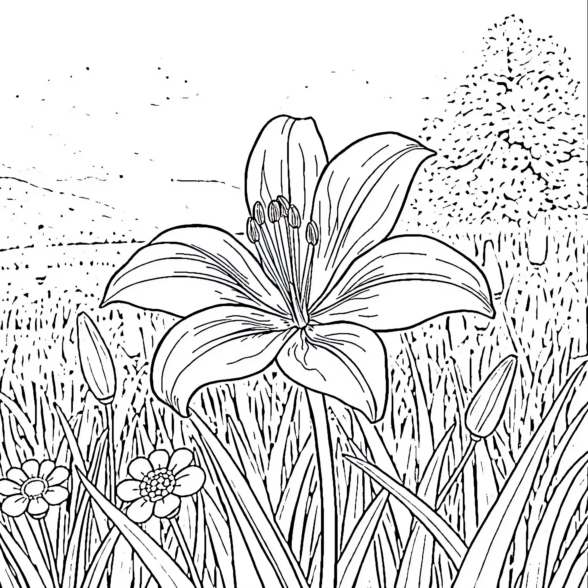 Scout Lily exploring the vibrant garden Coloring Page (free black-and-white line drawing printable PDF for all, from beginners to advanced learners, including children, teens, adults, and seniors)