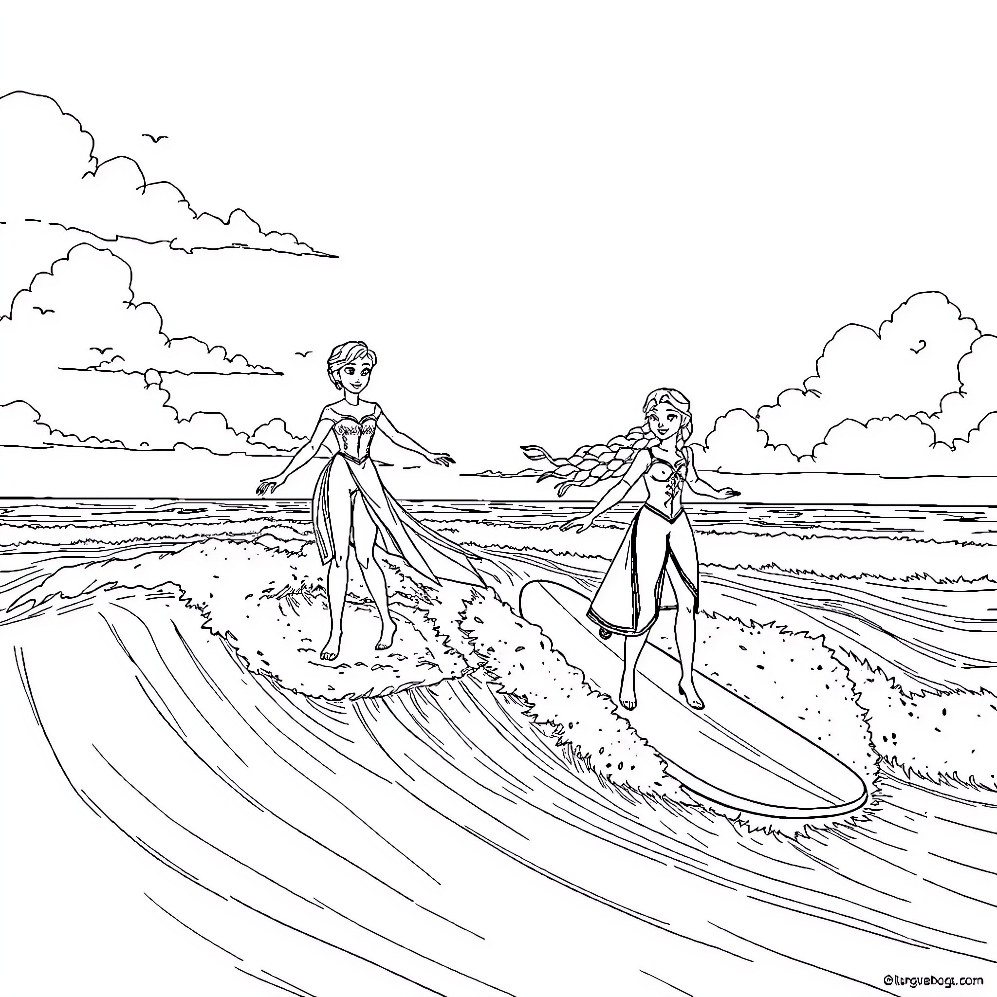 Elsa and Anna surfing the waves on the beach Coloring Page (free black-and-white line drawing printable PDF for all, from beginners to advanced learners, including children, teens, adults, and seniors)