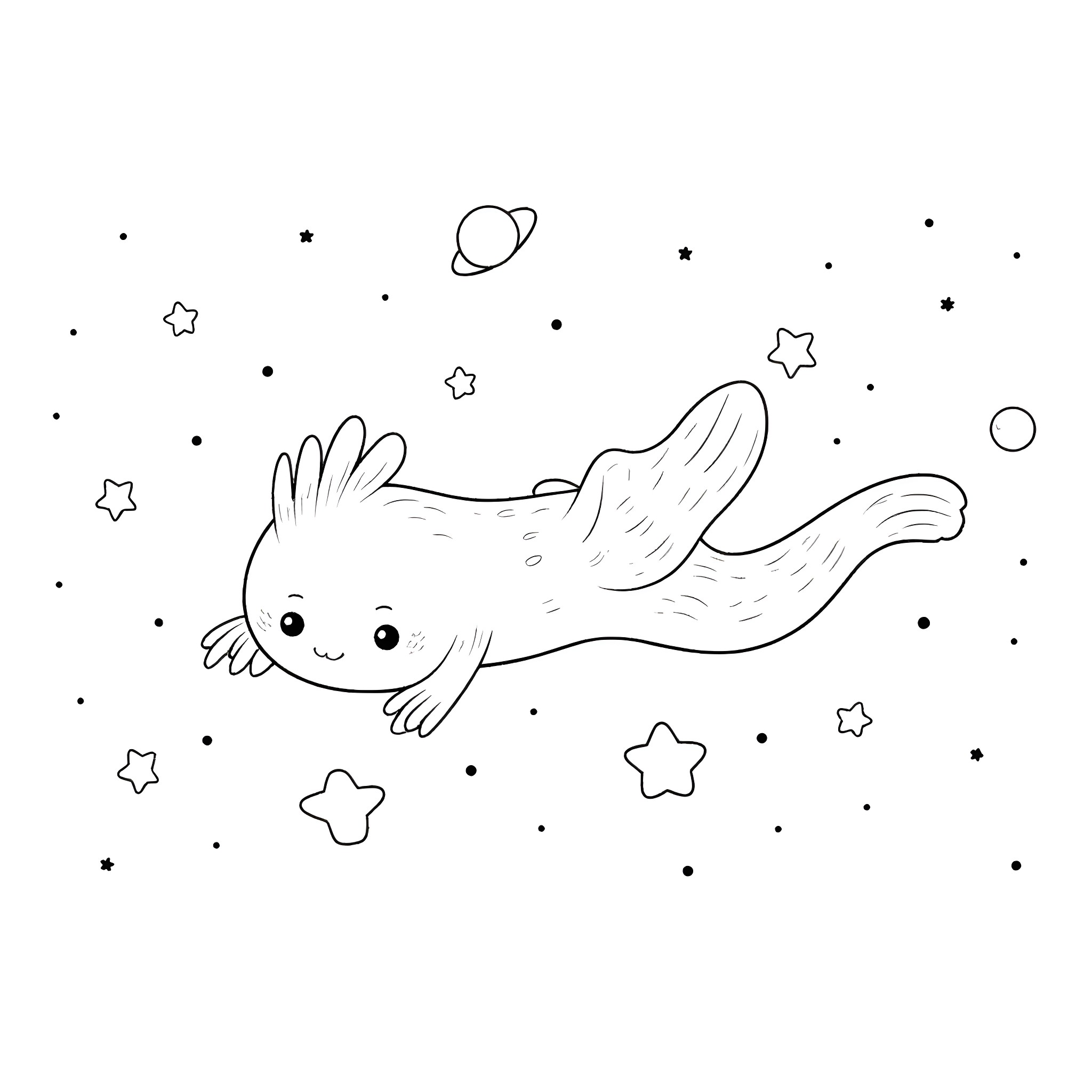 Axolotl swimming among the stars Coloring Page (free black-and-white line drawing printable PDF for all, from beginners to advanced learners, including children, teens, adults, and seniors)