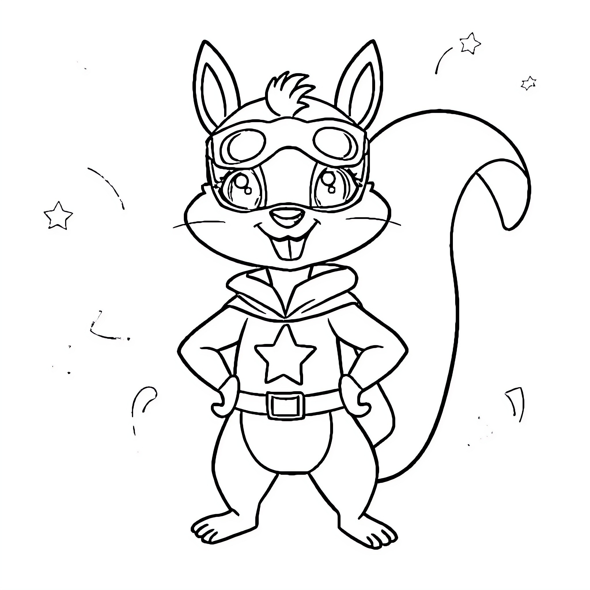 Squirrel superhero with goggles and star costume Coloring Page (free black-and-white line drawing printable PDF for all, from beginners to advanced learners, including children, teens, adults, and seniors)