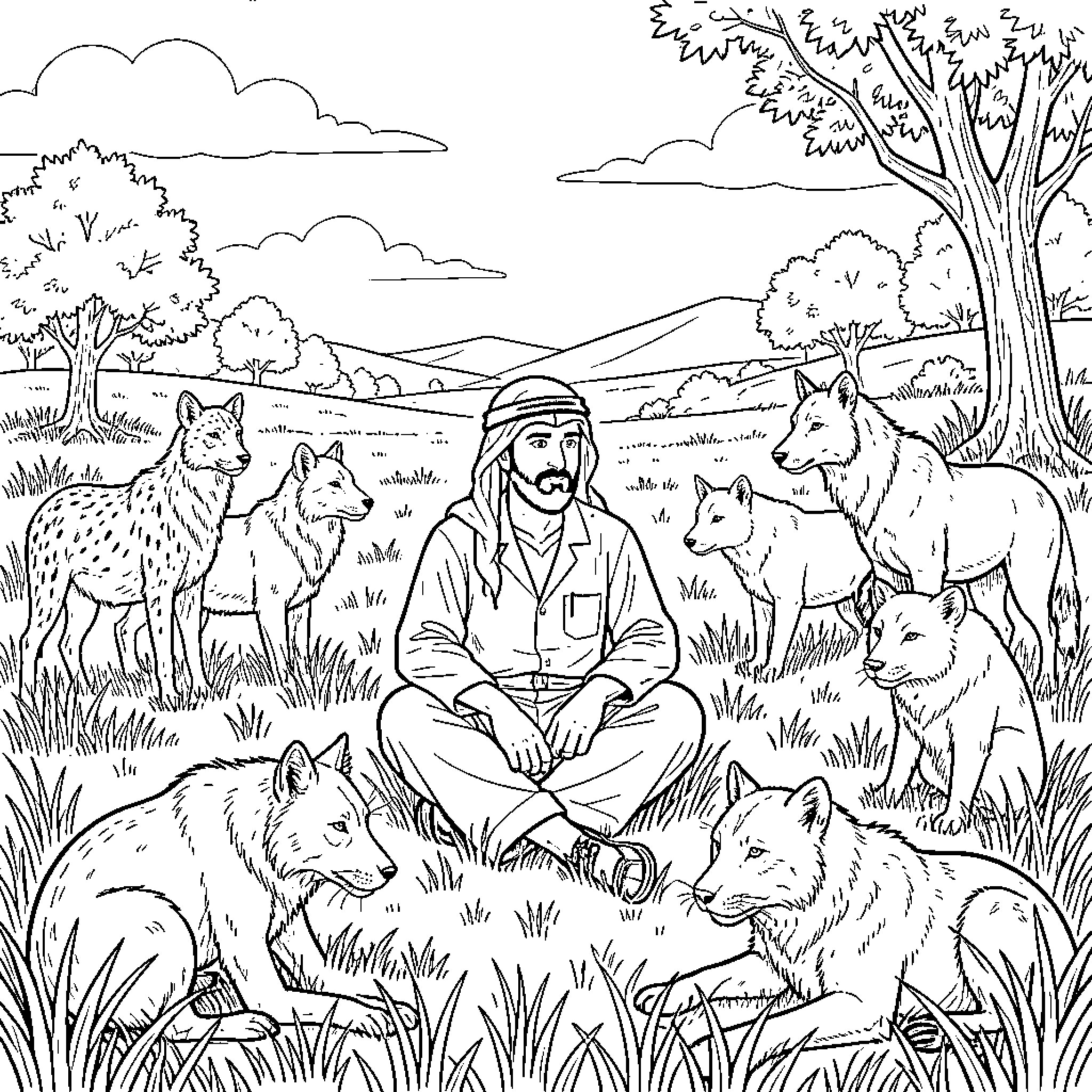 Khalil sitting peacefully surrounded by wild wolves Coloring Page (free black-and-white line drawing printable PDF for all, from beginners to advanced learners, including children, teens, adults, and seniors)