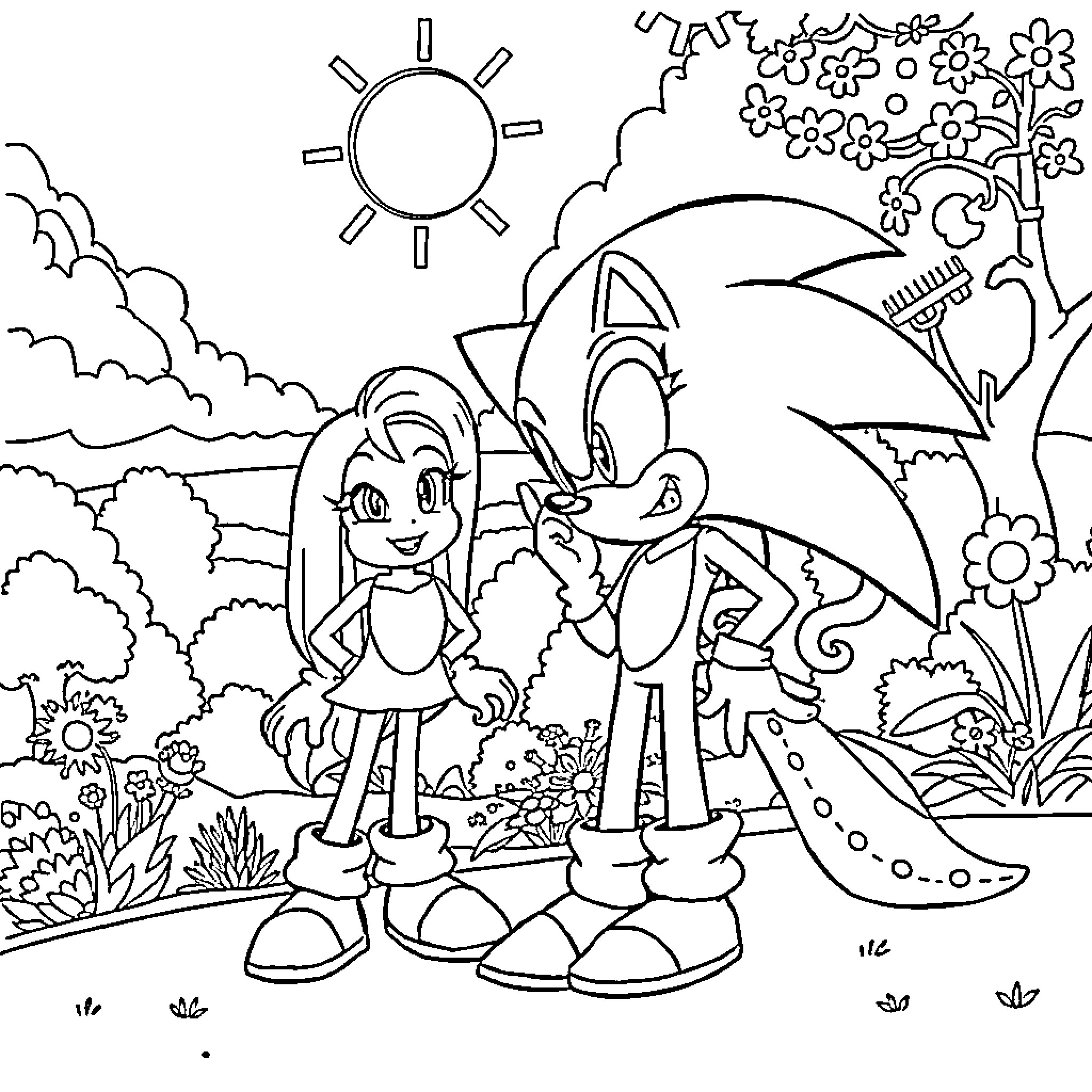 Sonic and Friends Enjoying a Sunny Day Coloring Page (free black-and-white line drawing printable PDF for all, from beginners to advanced learners, including children, teens, adults, and seniors)
