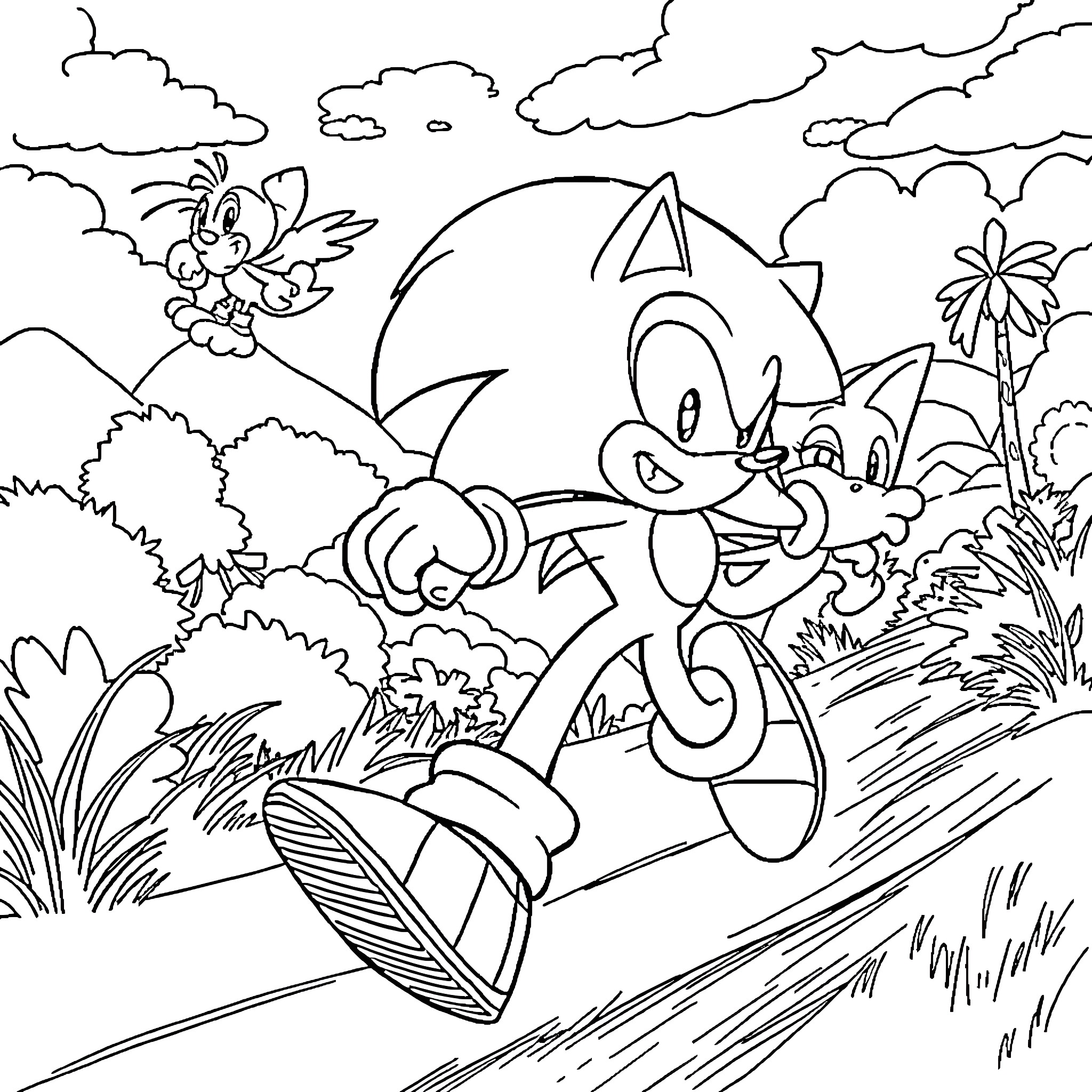 Sonic's Jungle Adventure Coloring Page (free black-and-white line drawing printable PDF for all, from beginners to advanced learners, including children, teens, adults, and seniors)