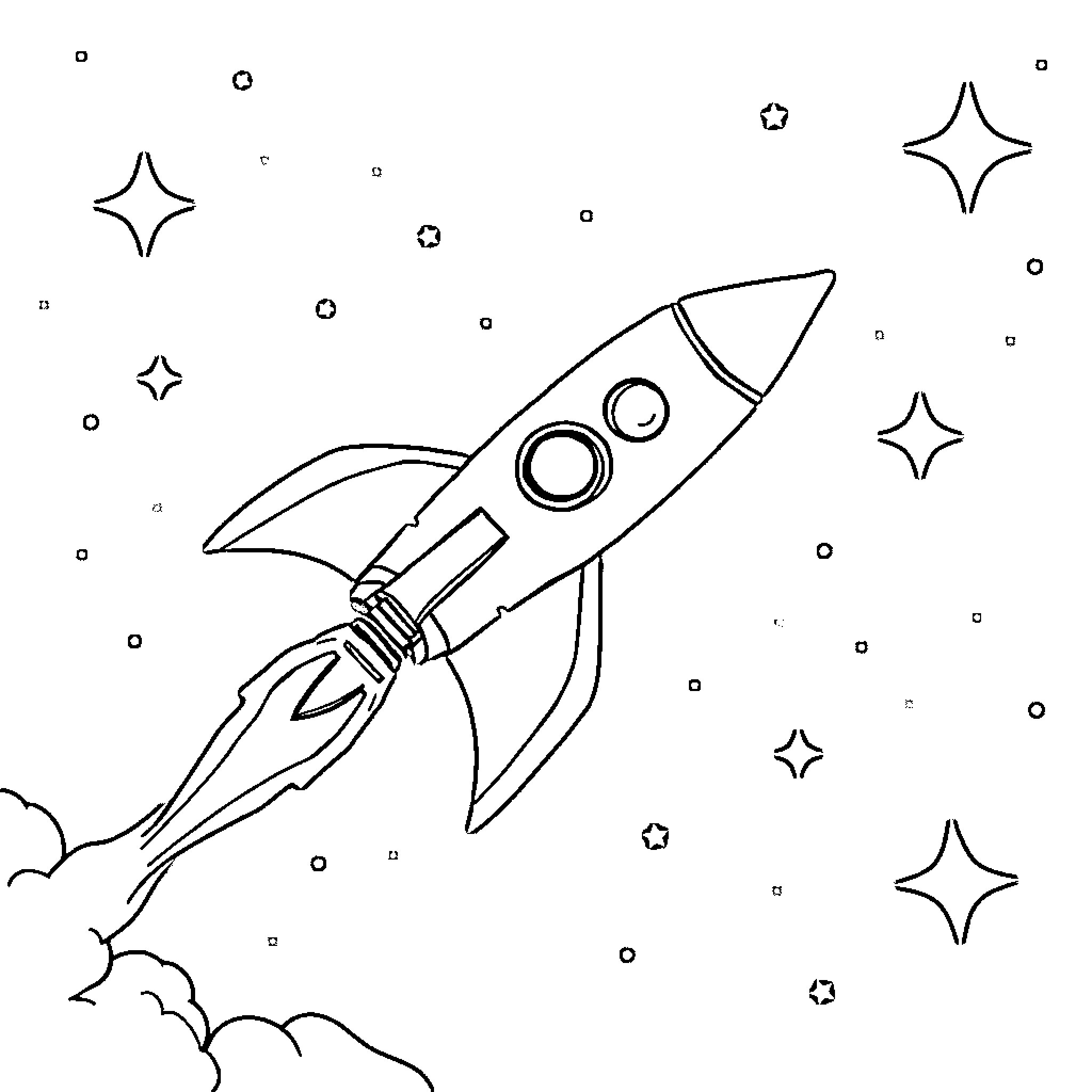 Rocket soaring through the starry night sky Coloring Page (free black-and-white line drawing printable PDF for all, from beginners to advanced learners, including children, teens, adults, and seniors)