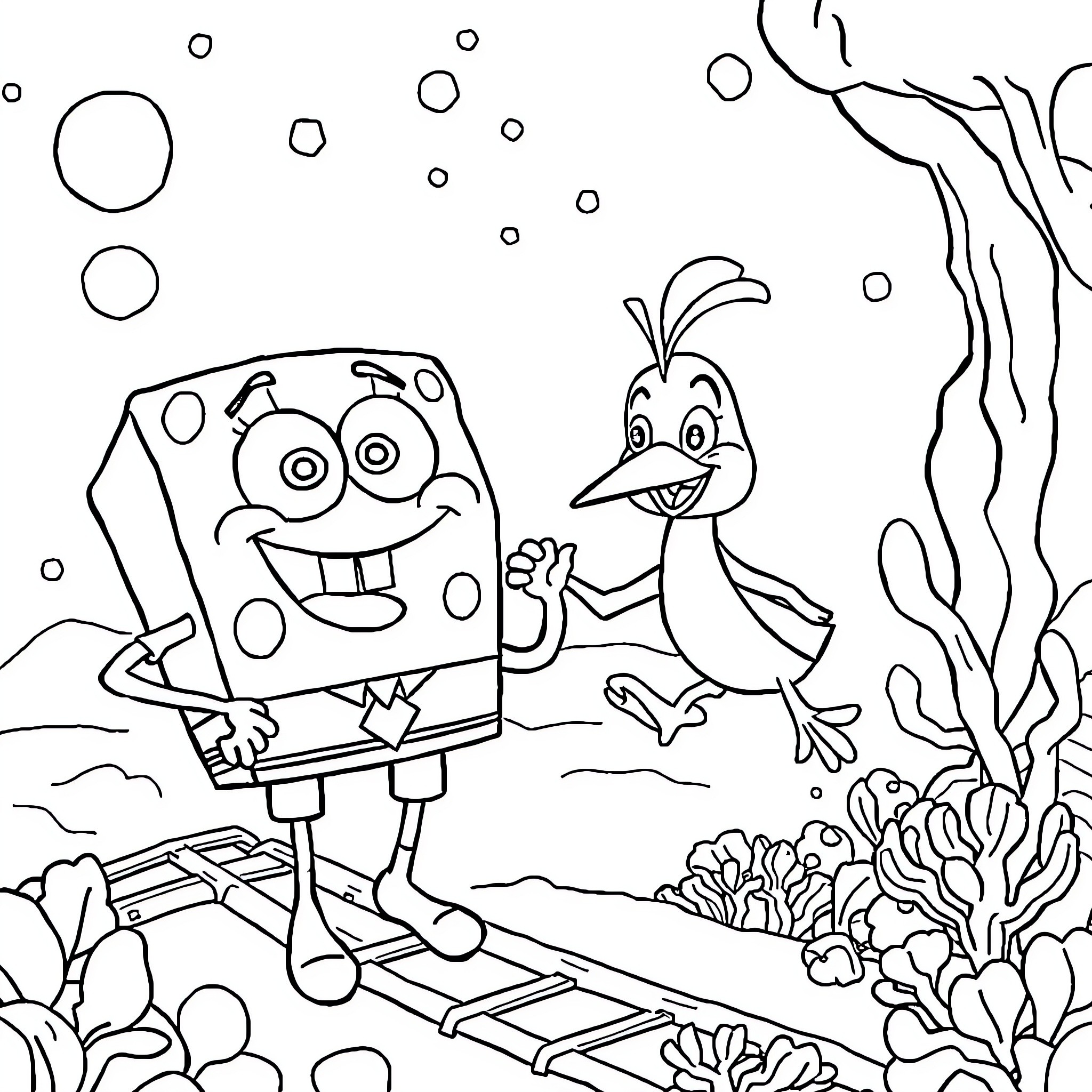 Bob l'éponge and Patrick the starfish explore the underwater world Coloring Page (free black-and-white line drawing printable PDF for all, from beginners to advanced learners, including children, teens, adults, and seniors)
